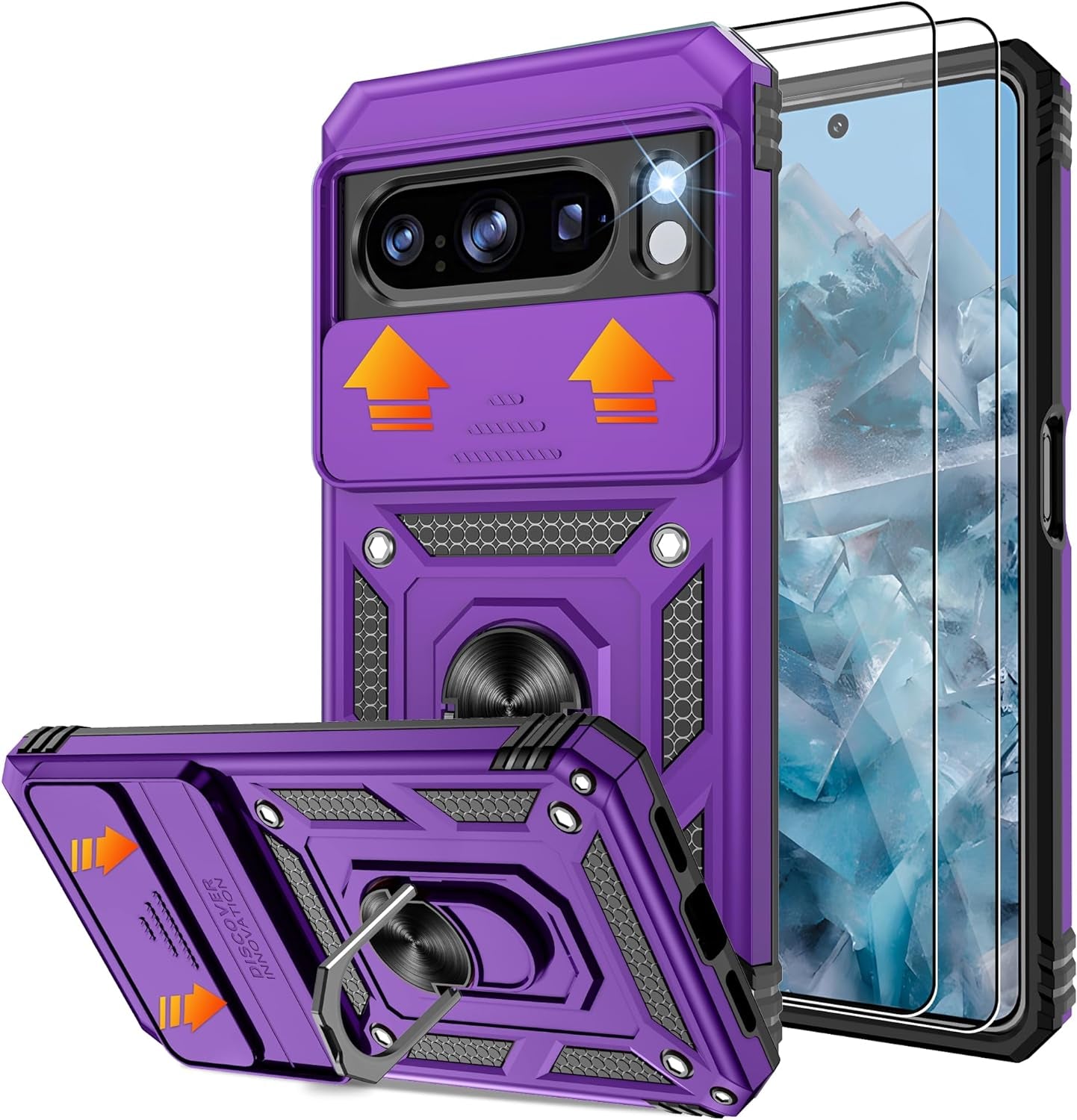 Fit for Google Pixel 8 5G Case with Screen Protector (2 Pack) & Slide Camera Cover, Build in 360° Magnetic Rotating Ring Kickstand [Military Grade] Protective Case for Pixel 8 Case, Green  Gritup Purple Google Pixel 8 Pro 6.7" 