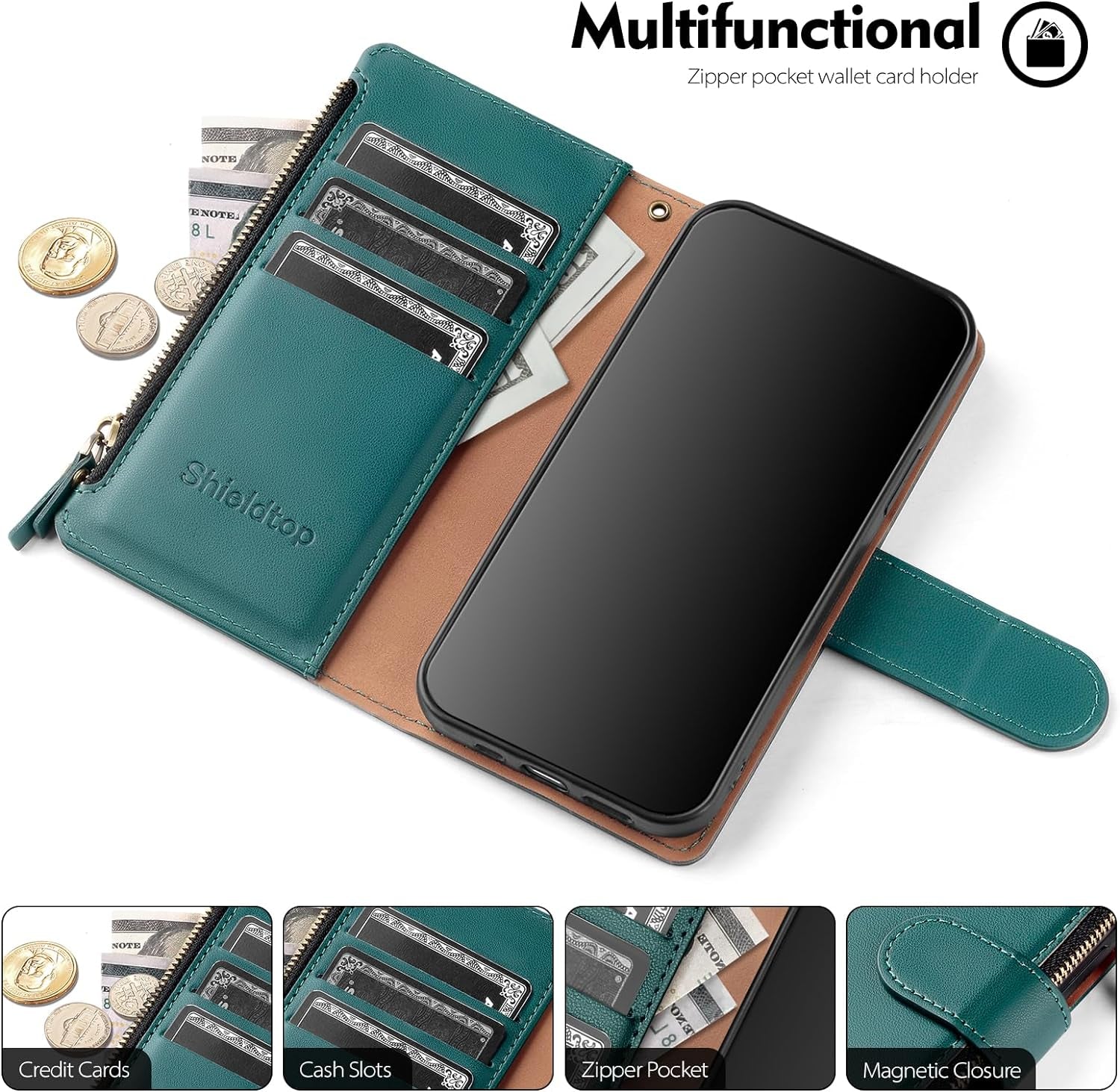 For Samsung Galaxy S22 Wallet Case,Galaxy S22 Phone Case PU Leather Flip Folio Protective Cover Wrist Strap Zipper Pocket Credit Card Slots Holder RFID Blocking,For Women Men,Blue Green