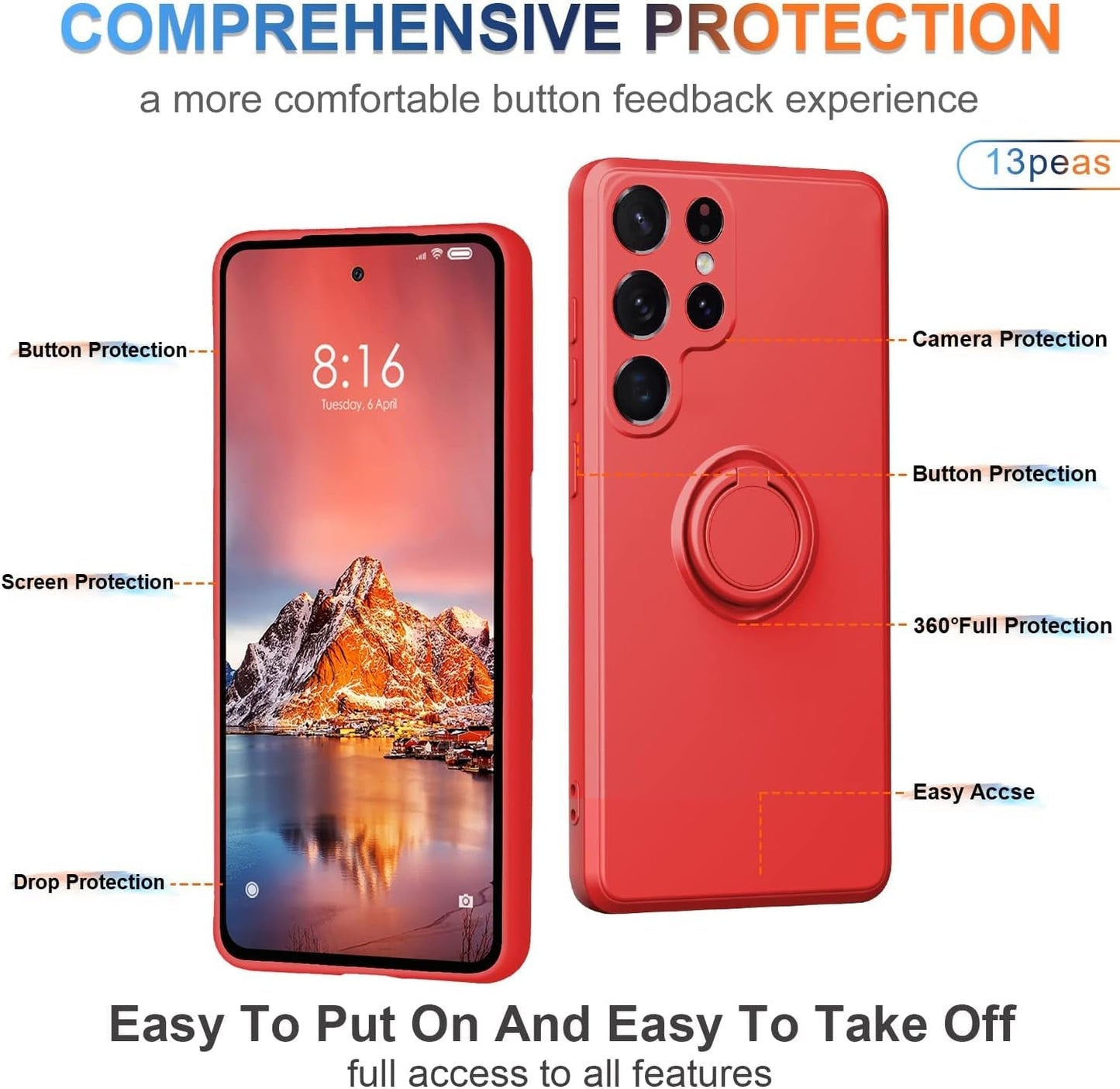 Case Compatible with Samsung Galaxy S22 Ultra（5G 2022 Released）, Silicone with Ring 360°Rotatable Kickstand Case Support Magnetic Car Mount，Protective Cover with Strap (Red)