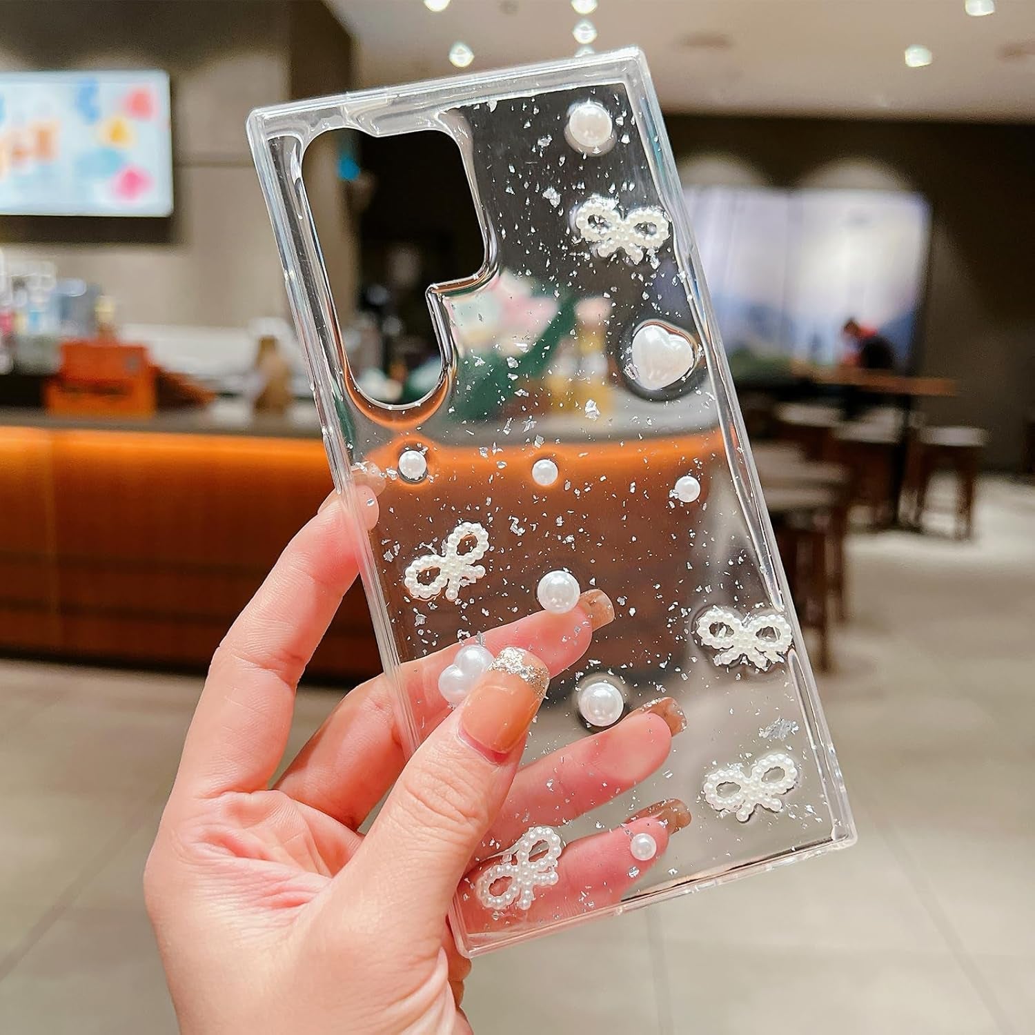 For Samsung Galaxy S21 Ultra Clear Case Cute 3D Pearl Bow Knots Heart with Design Aesthetic Women Phone Case for Girls, Glitter Sparkle Back Shockproof Soft TPU Bumper Cover