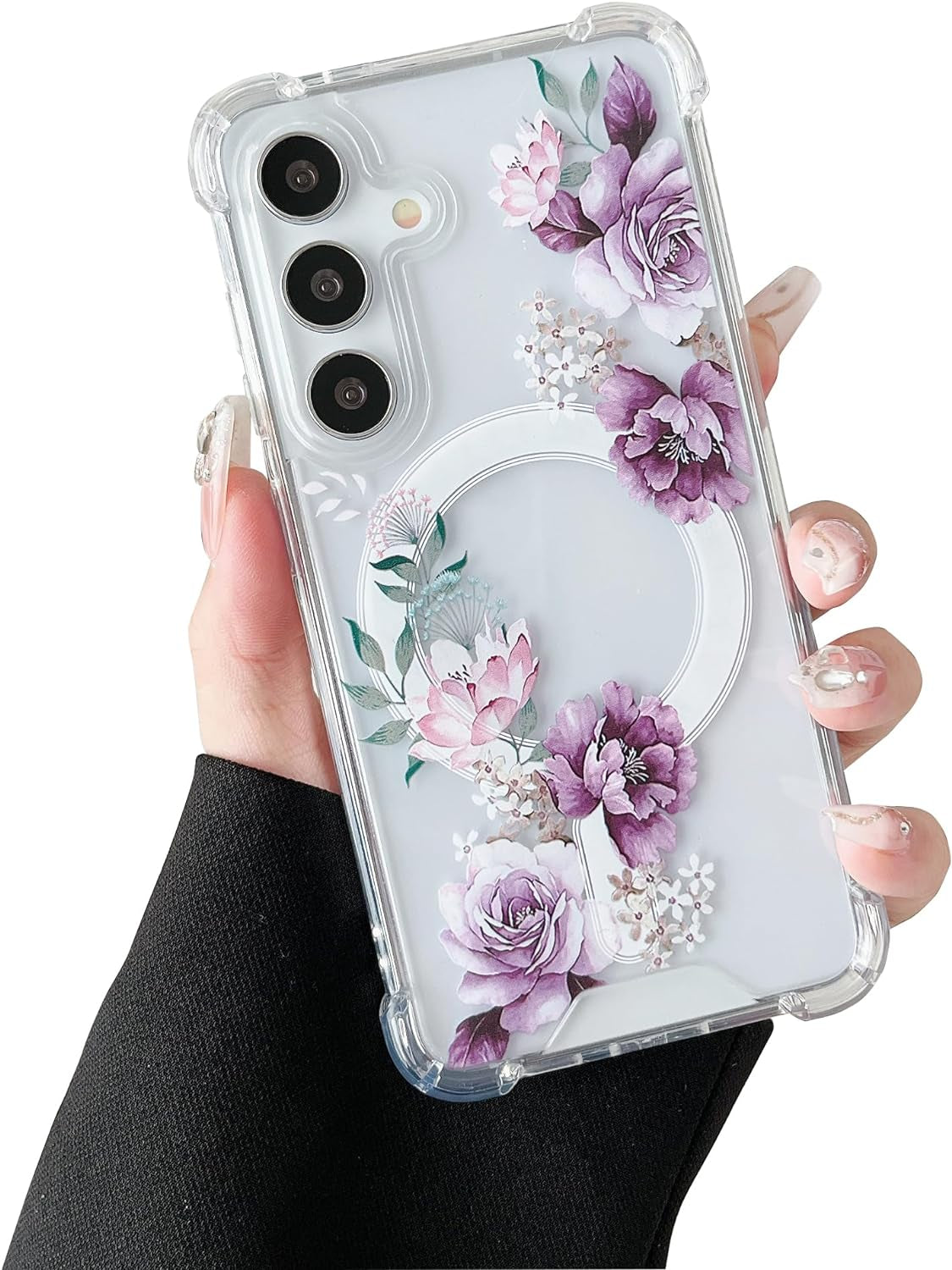 DEFBSC Magnetic Case for Samsung Galaxy S22 Ultra [Work with Magsafe] Clear Floral Flower Pattern Print Design Flexible Acrylic Shockproof Cover Flower Protective Phone Case, Purple Peony