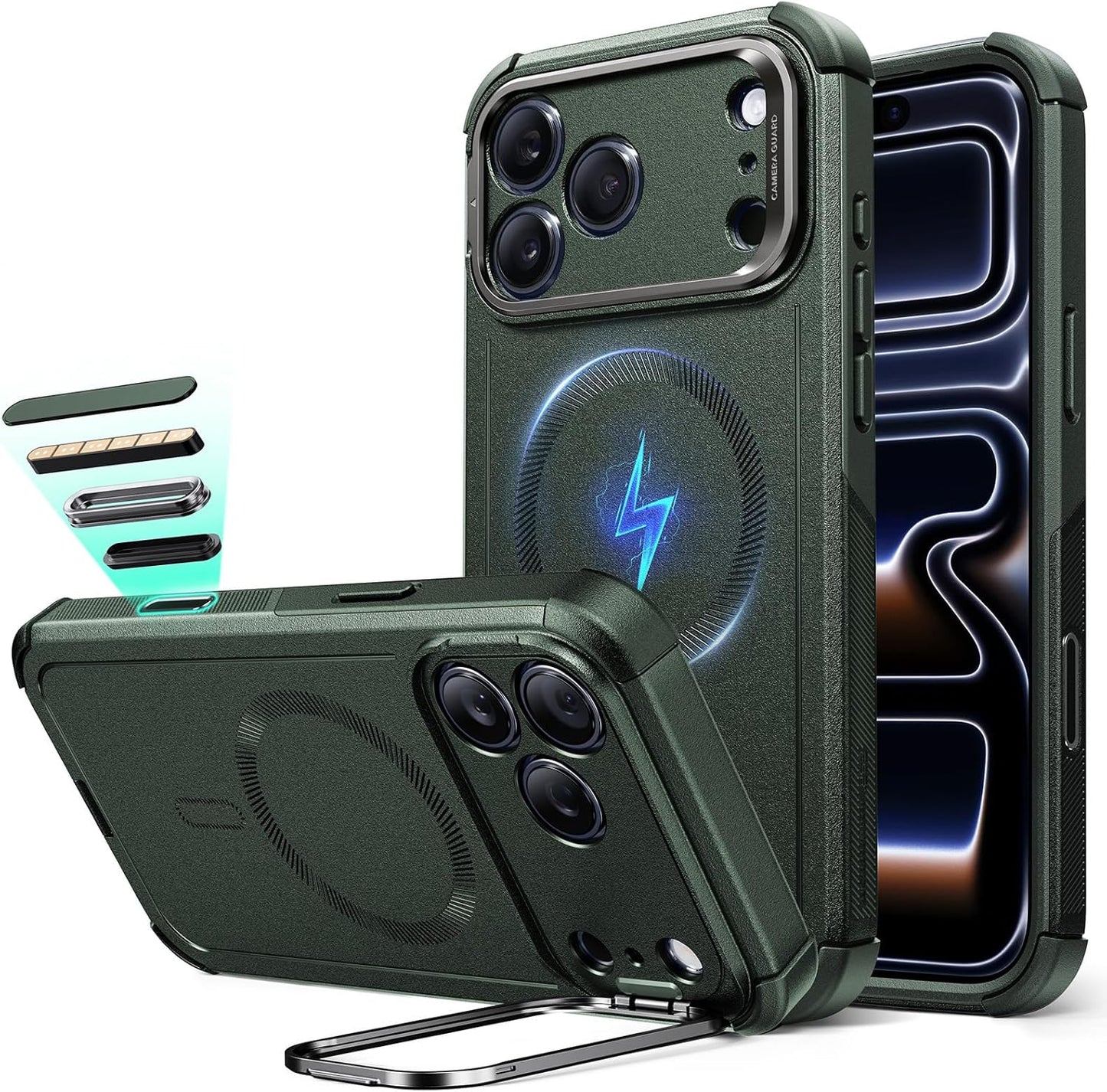 ESR for Iphone 17 Pro Case with Stash Stand, 7X Military-Grade Drop Protection with Camera Control, Shock-Absorbing Phone Rugged Cover, Compatible with Magsafe Accessories, Cyber Series, Black