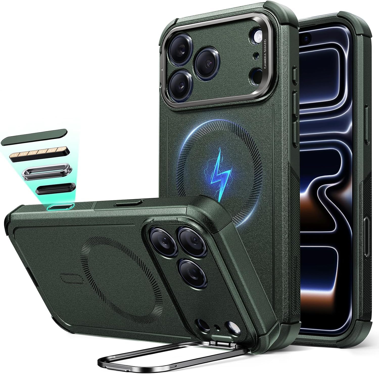 ESR for Iphone 17 Pro Case with Stash Stand, 7X Military-Grade Drop Protection with Camera Control, Shock-Absorbing Phone Rugged Cover, Compatible with Magsafe Accessories, Cyber Series, Black