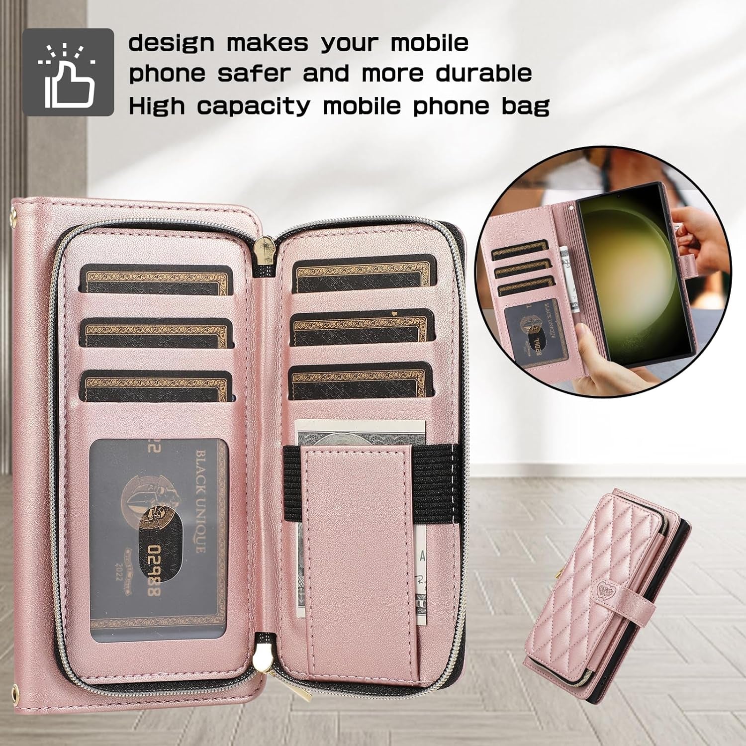 Furiet Wallet Case for Samsung Galaxy S22 Ultra 5G with Detachable Wrist Strap, 9+ Card Slots Zipper Purse, Luxury PU Leather Stand Full Body Phone Cover for S22Ultra 22S S 22 S22Ultra5G 6.8 Rose Gold