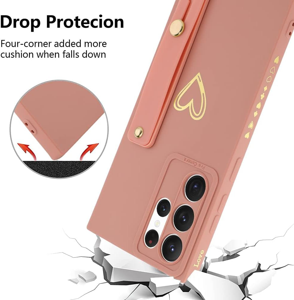 Fiyart Designed for Galaxy S22 Ultra Case with Phone Stand Holder Cute Love Hearts Pattern Slim Protective Camera Protection Cover with Wrist Strap for Women Girls for Galaxy S22 Ultra 6.8"-Pink