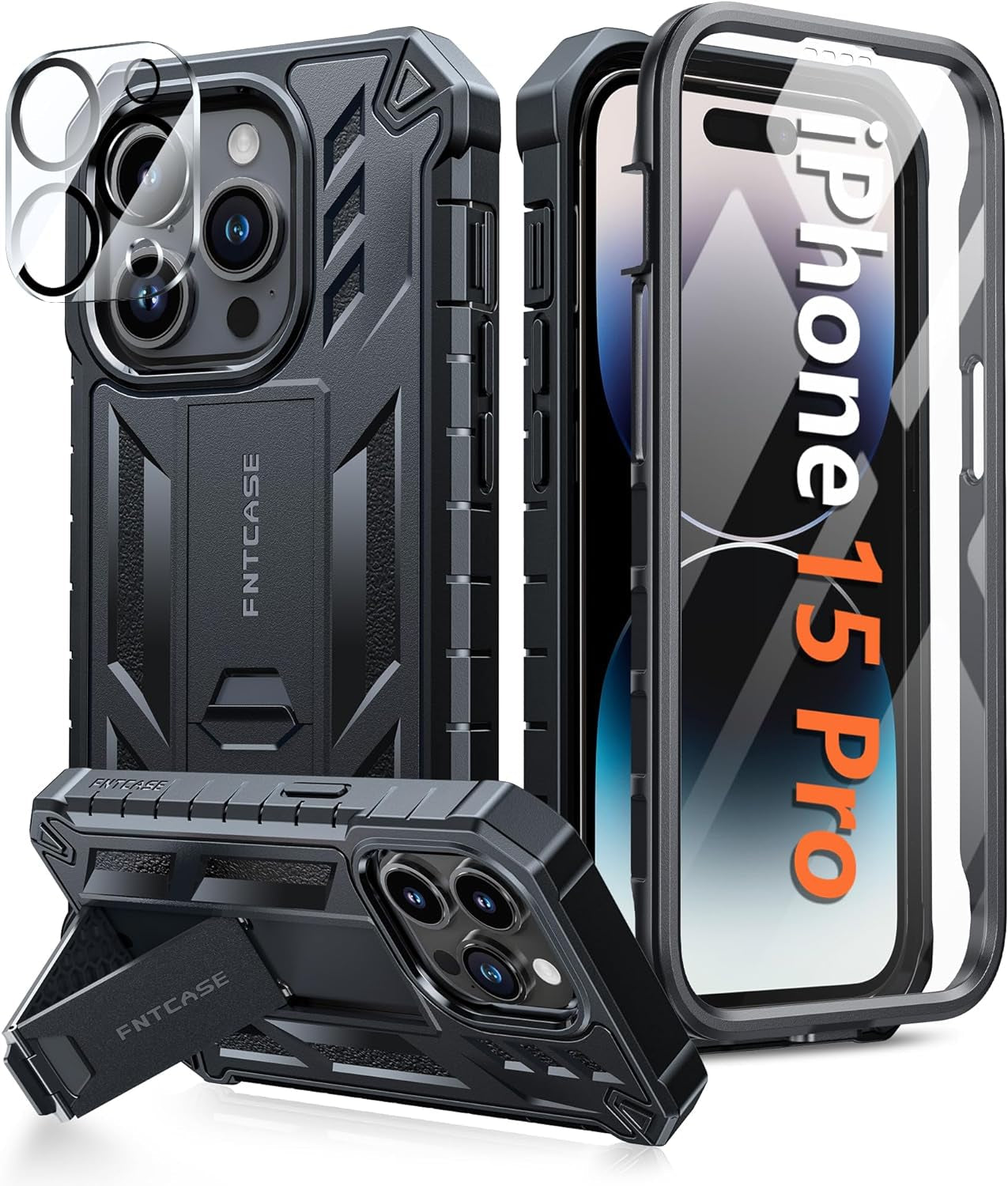 FNTCASE for Iphone 15 Pro Case: Military Grade Drop Proof Rugged Protective Cell Phone Cover with Kickstand & Built-In Protector | Matte Textured Shockproof TPU Hybrid Bumper Cases (Blue)  FNTCASE   