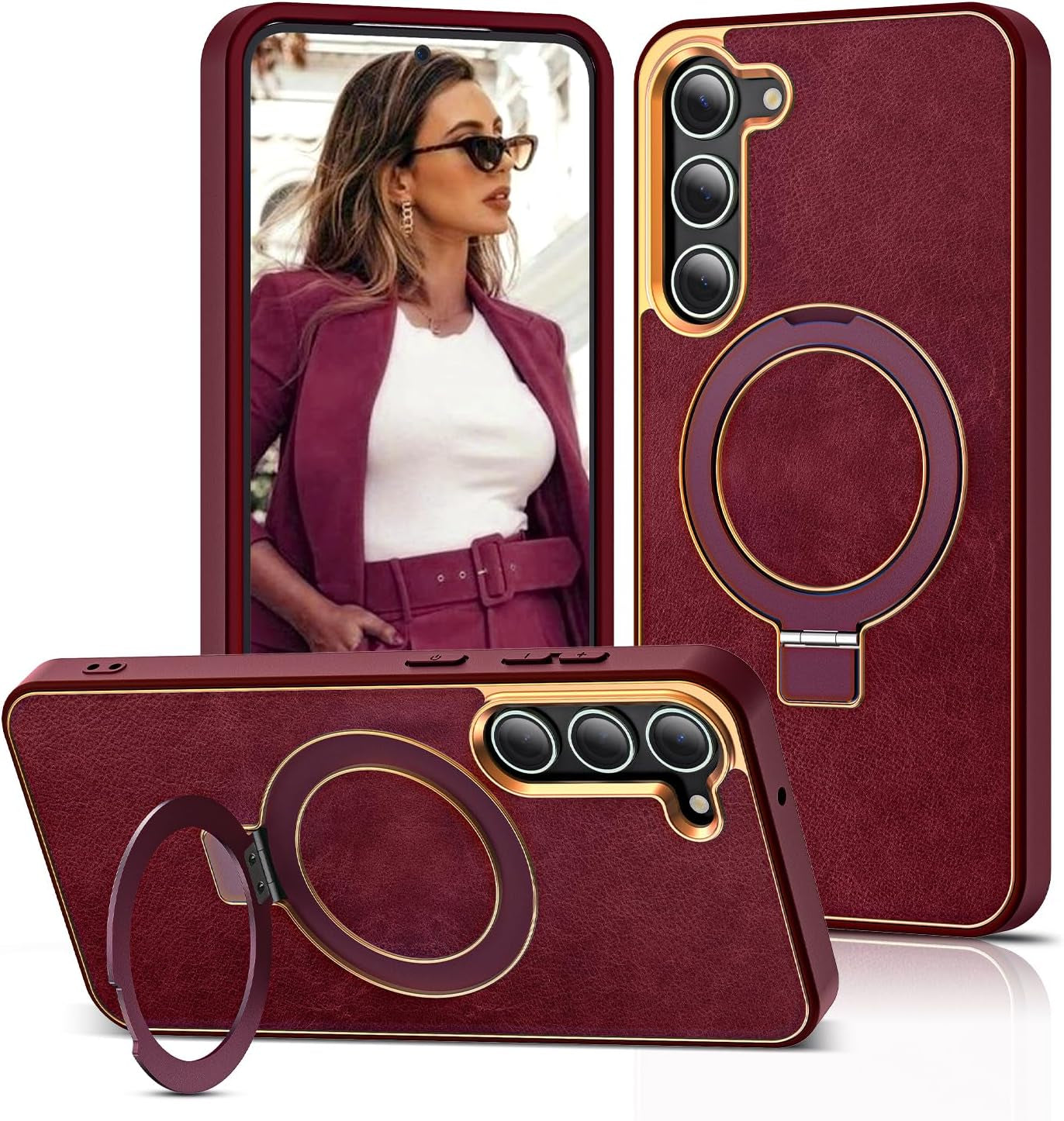 Designed for Samsung Galaxy S22 plus Case with Magnetic O-Ring Stand Leather Luxury Business Phone Cases for S22 plus 6.6" Compatible with Magsafe [Military Grade Protection],Red