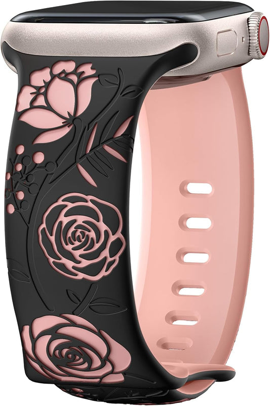 Floral Engraved Band Compatible with Apple Watch Bands 40Mm 44Mm 41Mm 45Mm 49Mm 38Mm 42Mm Women,Designer Cute Flower Pattern Soft Silicone Sport Strap for Iwatch Ultra SE Series 9 8 7 6 5 4 3 2 1