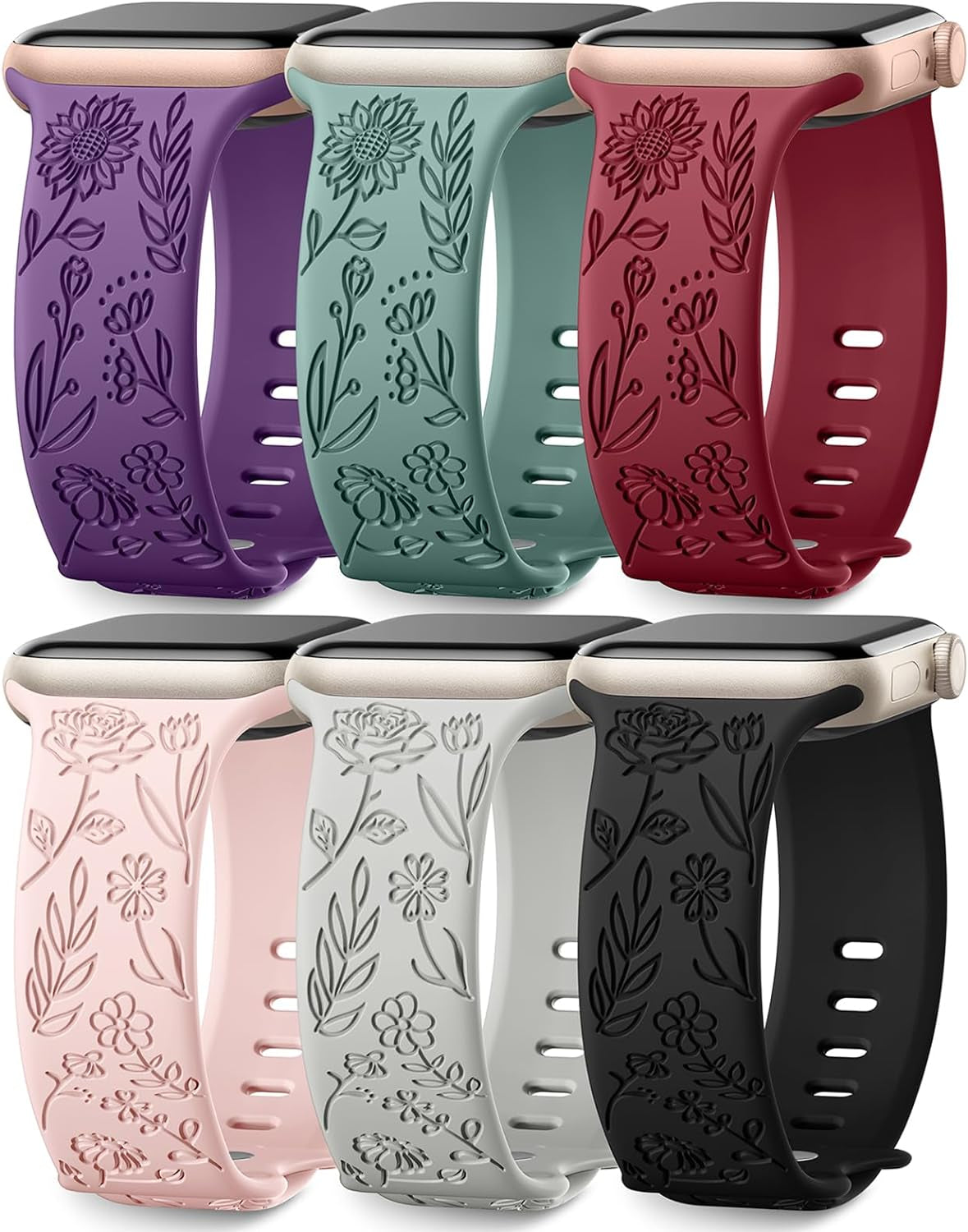 6 Pack Floral Engraved Bands Compatible with Apple Watch Band 44Mm 40Mm 38Mm 41Mm 45Mm 49Mm 42Mm Women, Soft Silicone Cute Flower Pattern Sport Strap for Iwatch Bands Series Ultra Ultra 2 SE 9 8 7 6 5 4 3 2 1