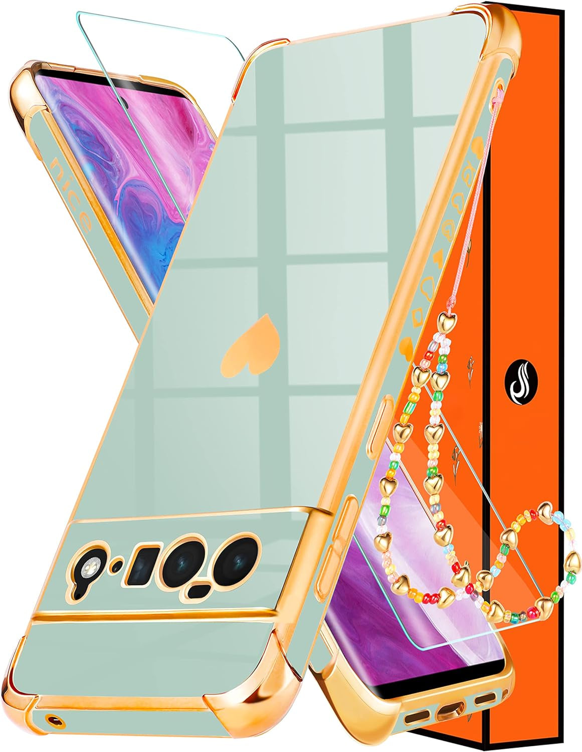 Shorogyt (3In1 Heart Case for Google Pixel 6 Case 5G 6.4 Inch Women Cute Aesthetic Love Hearts Pattern Girls Gold Luxury Girly Design Phone Cases Cover+Screen+Chain for Pixel 6 Case 5G 6.4''  qunxiner Mint Green For Google Pixel 6 Pro 