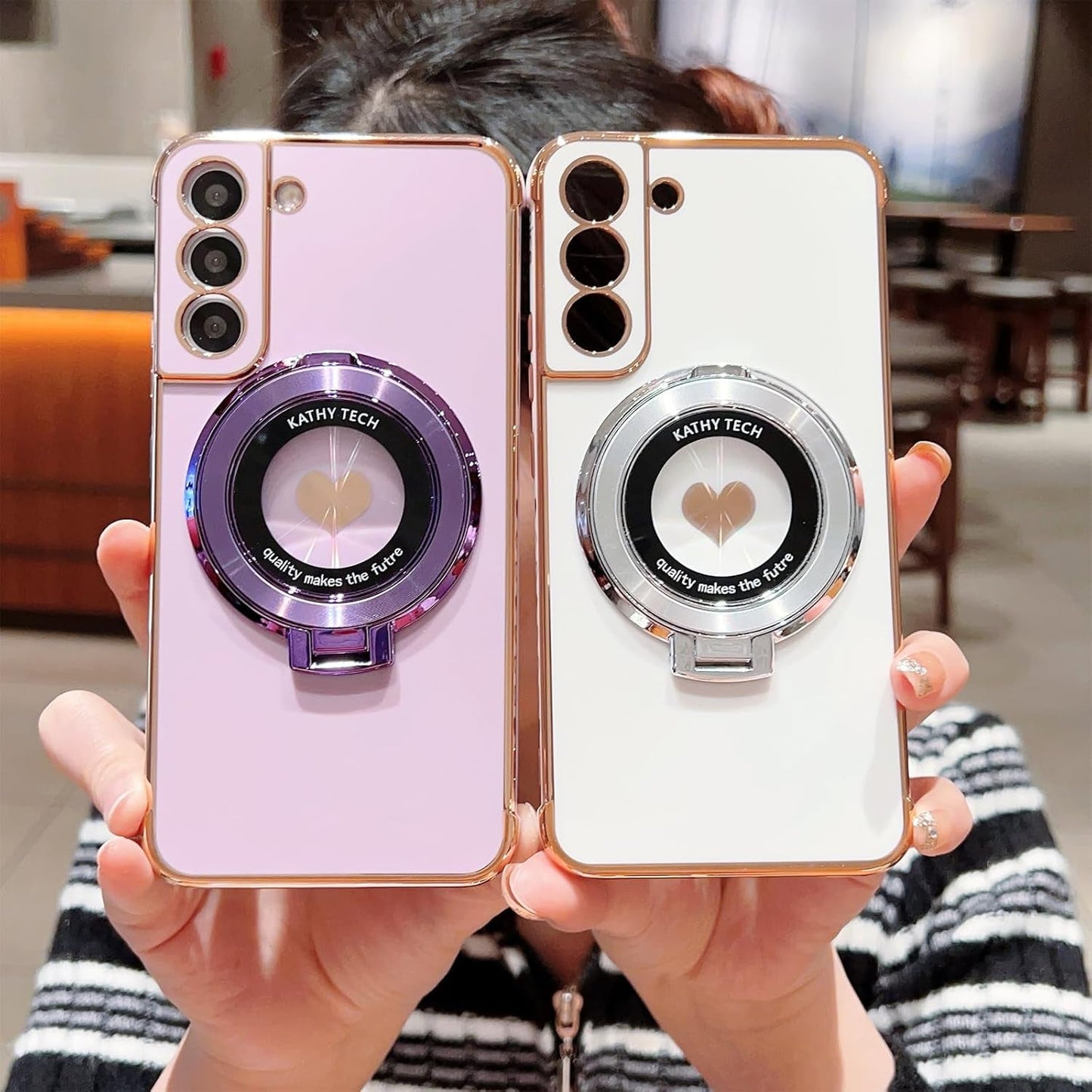For Samsung Galaxy S22 plus Case with Magnetic Ring Stand [Compatible with Magsafe] Cute Love Heart Luxury Electroplate Plating Silicone Shockproof Cover for Galaxy S22 plus 6.6"(Purple)