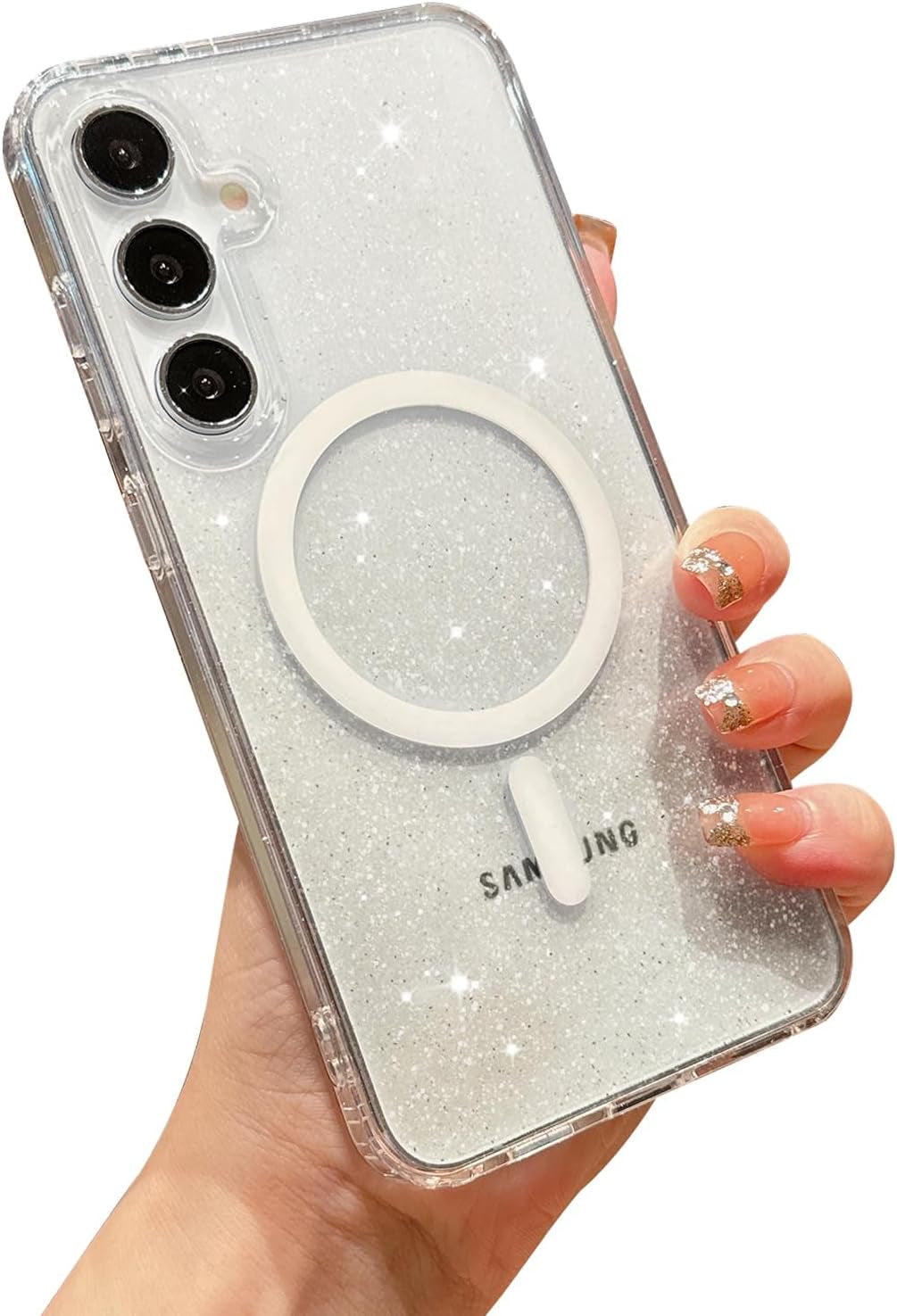 For Samsung Galaxy S22 plus Case Magnetic, Compatible with Magsafe, Clear Glitter Bling Sparkly Case for Women Anti-Yellowing Protective Hard Back Cover for Galaxy S22 plus 6.6" (Clear)