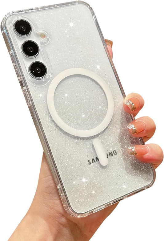 For Samsung Galaxy S22 plus Case Magnetic, Compatible with Magsafe, Clear Glitter Bling Sparkly Case for Women Anti-Yellowing Protective Hard Back Cover for Galaxy S22 plus 6.6" (Clear)