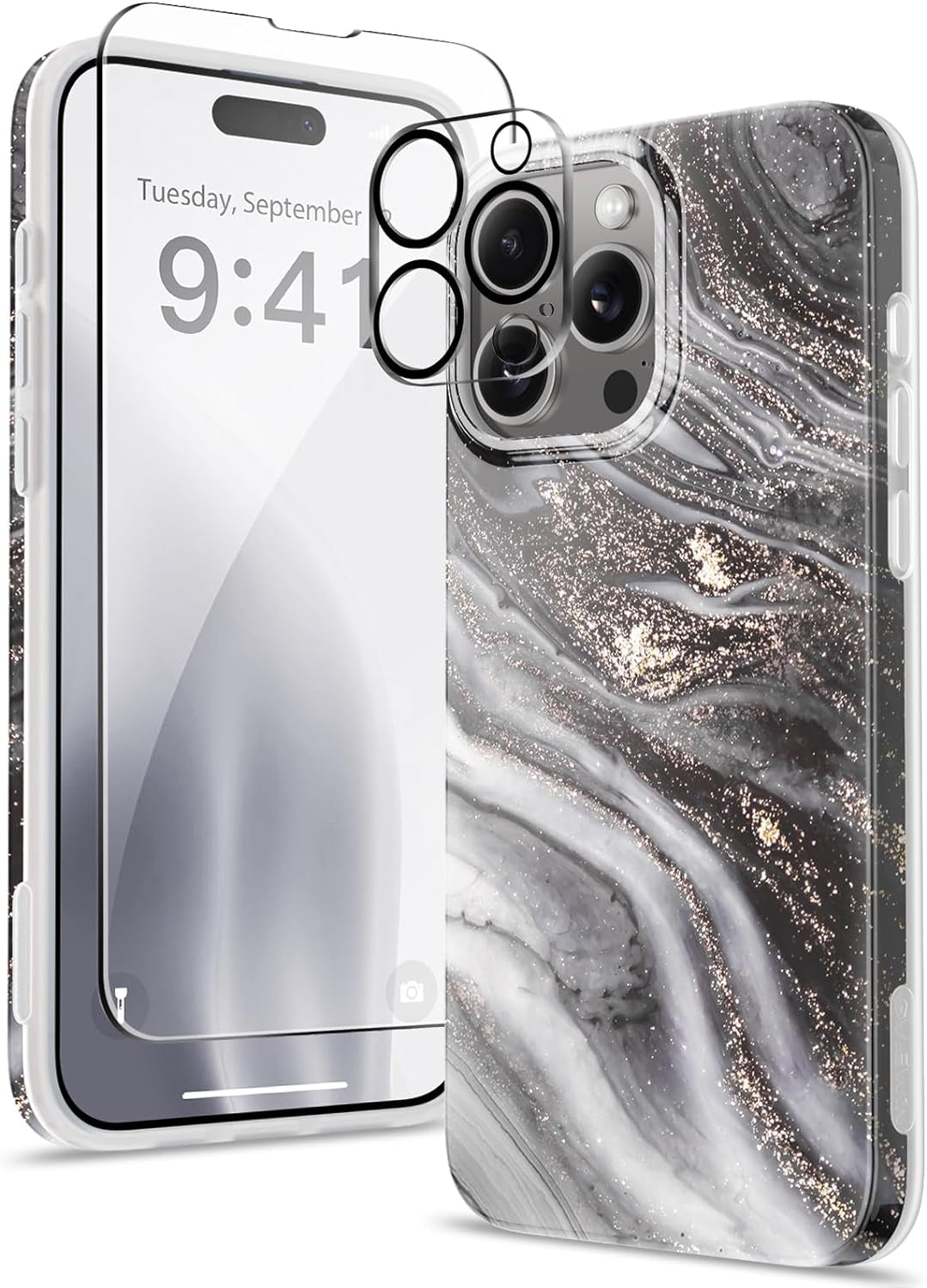 GVIEWIN for Iphone 15 Pro Case with Screen Protector+Camera Lens Protector, [Military Grade Drop Protection] Slim Marble Design Soft TPU Protective Phone Cover for 15 Pro 6.1" (Flowing Sand/Ink)  GVIEWIN Flowing Sand/Ink  