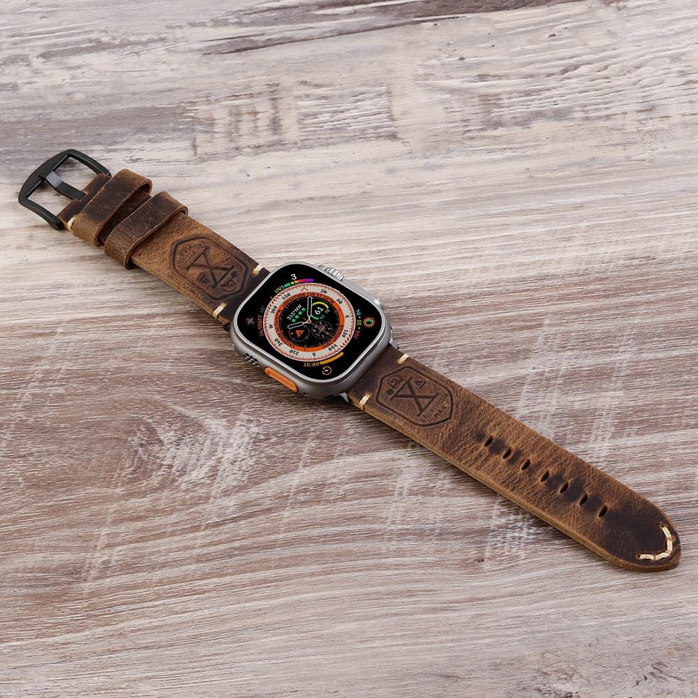 Band Compatible with Apple Watch Ultra 2/1 49Mm 45Mm 44Mm 42Mm 41Mm 40Mm 38Mm Series 9/8/SE/7/6/5/4/3/2, Vintage Leather Iwatch Strap for Men Women