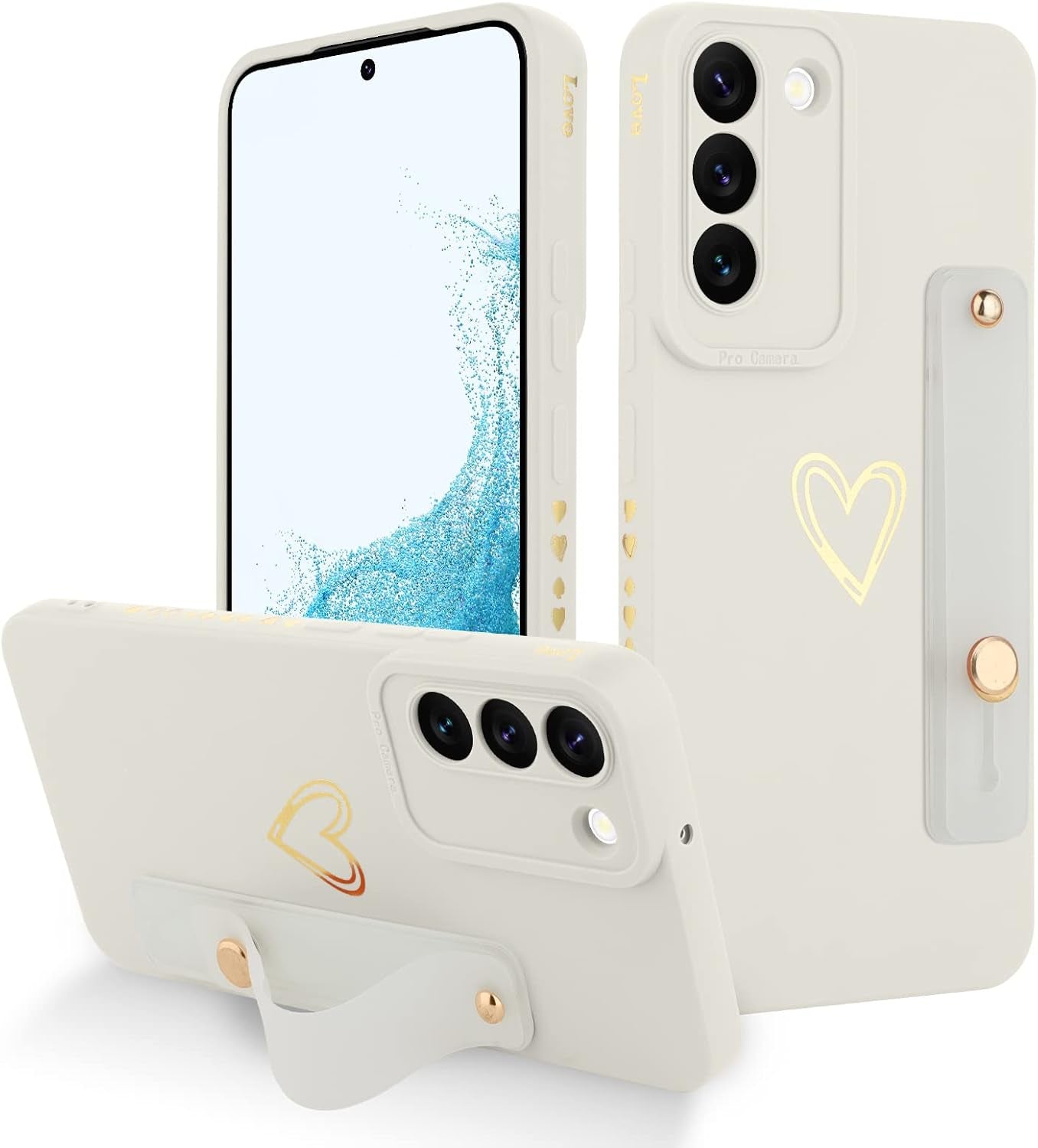 Fiyart Designed for Galaxy S22 plus 5G Case with Phone Stand Holder Cute Love Hearts Pattern Slim Protective Camera Protection Cover with Wrist Strap for Women Girls for S22 plus 5G 6.6"-Dark Blue