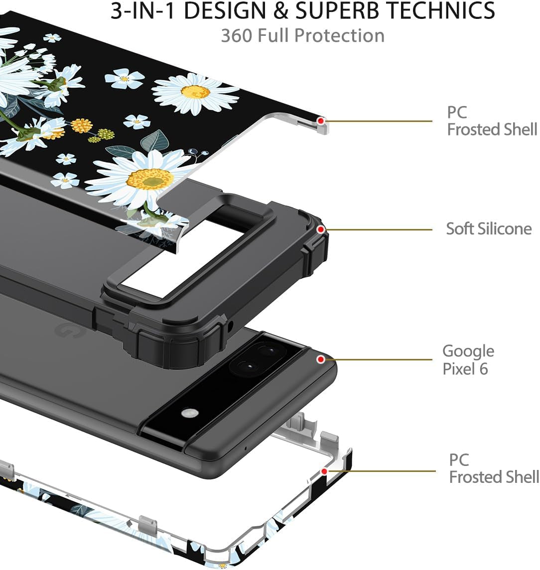 Hekodonk for Google Pixel 6 Case,Heavy Duty Shockproof Protection Hard Plastic+Silicone Rubber Hybrid 3 in 1 Drop Protective Case for Google Pixel 6 Black Flower  Hekodonk   