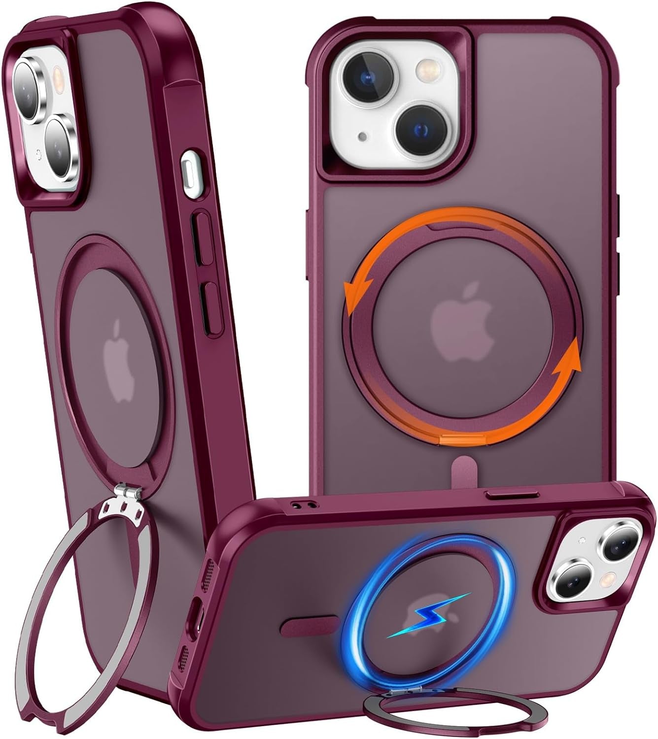 Chaofeng 360° Rotatable Stand for Iphone 15 Pro Case with Magnetic [Military Grade Drop Tested][Adjustable Kickstand] Ring Translucent Slim Hard Back Soft Edge, Purple  CHAOFEnG Wine Red Iphone 15 