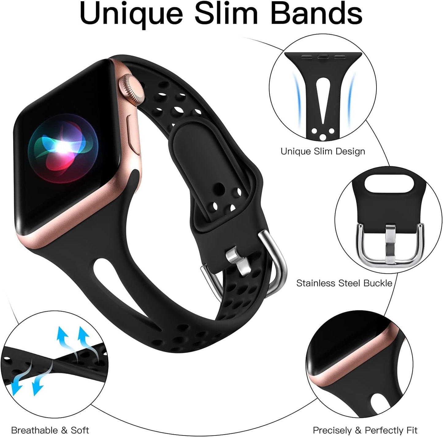 Getino Compatible with Apple Watch Bands 38Mm 40Mm 42Mm 44Mm Iwatch Band for Women Men, Soft Durable Breathable Thin Slim Narrow Band for Iwatch Series SE 6 5 4 3 2 1