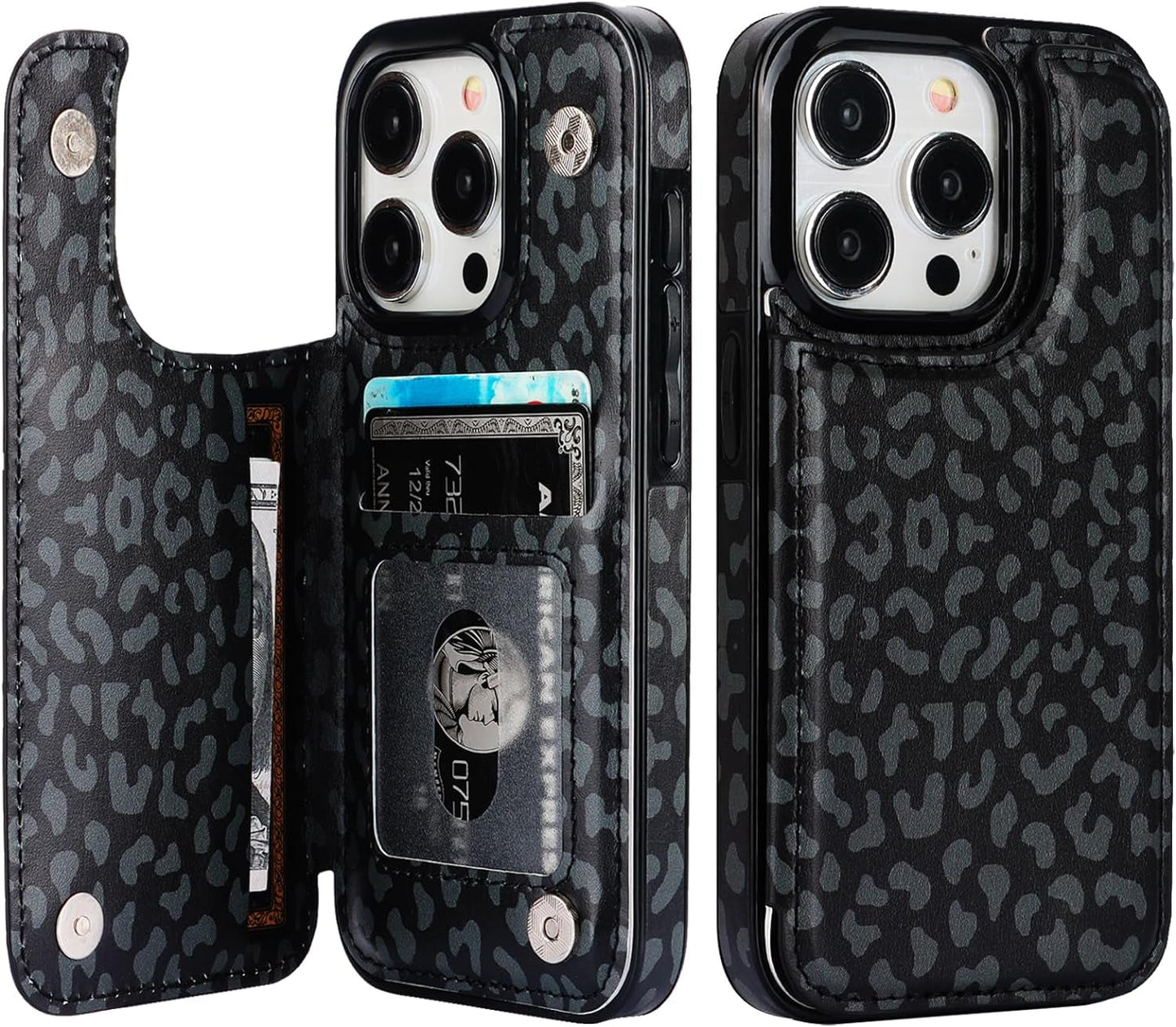 HAOPINSH for Iphone 15 Pro Wallet Case with Card Holder, Blooming Sunflowers Pattern Back Flip Folio PU Leather Kickstand Card Slots Case for Women Girls, Double Magnetic Clasp Cover 6.1"  HAOPINSH Black Leopard  