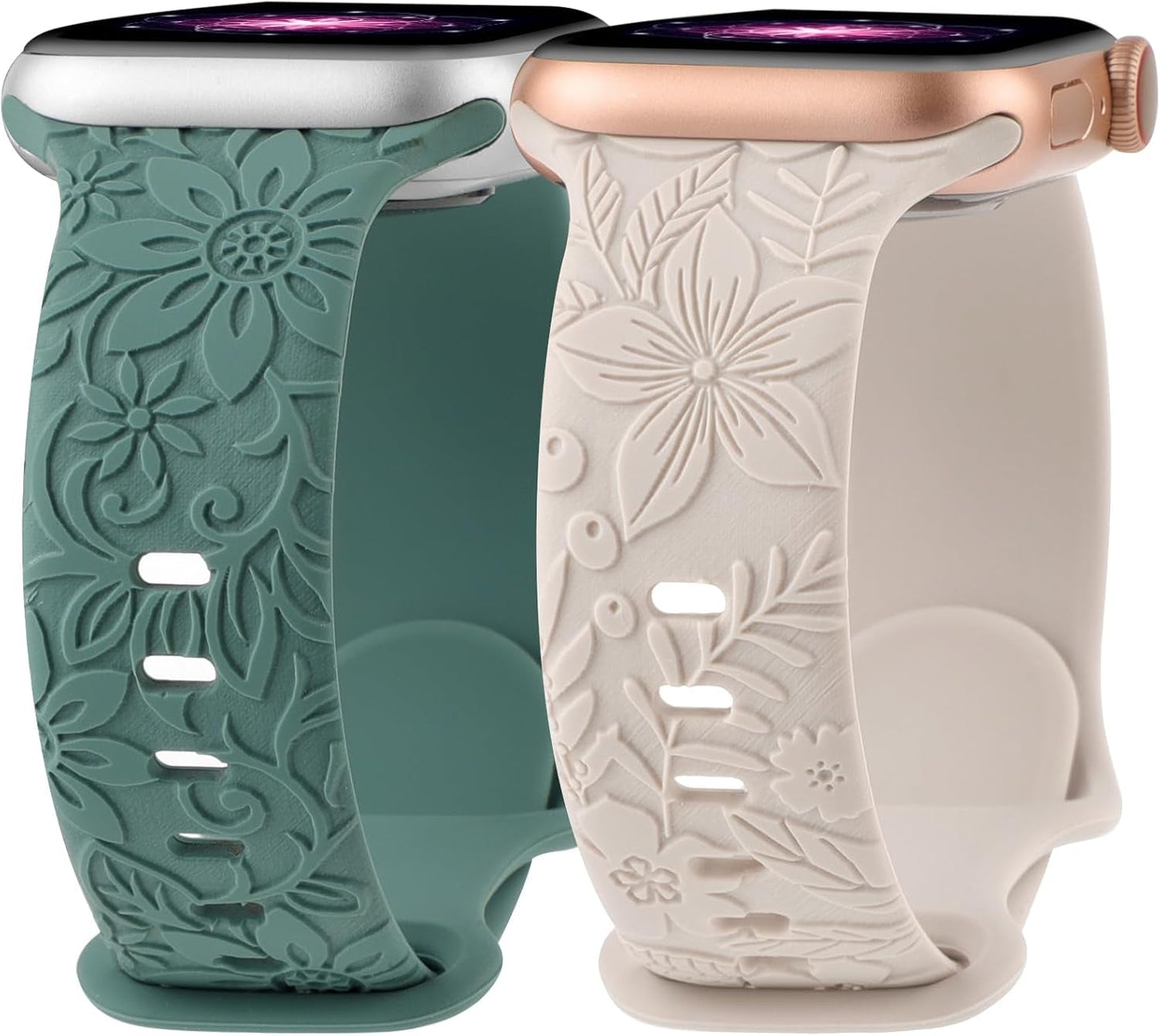 Floral Engraved Band Compatible with Apple Watch Bands 40Mm 41Mm 38Mm 42Mm 44Mm 45Mm 49Mm Women, Cute Soft Flower Silicone Designer Sport Strap for Iwatch Ultra 2 SE Series 9 8 7 6 5 4 3 2 1