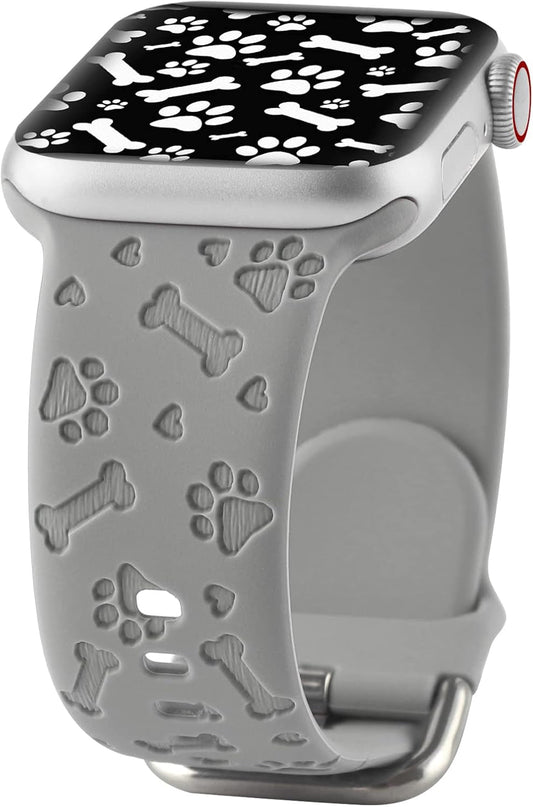 Dog Paw Engraved Silicone Band Compatible with Apple Watch 38Mm 40Mm 41Mm 42Mm 44Mm 45Mm for Women Men,Heart Shape Bone Pattern Carved Soft Silicone Sport Wristband Cute Strap for Iwatch Series SE 9 8 7 6 5 4 3 2 1
