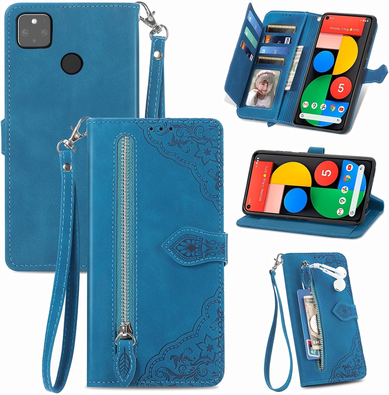 Compatible with Google Pixel 5 Wallet Case with Wrist Strap Lanyard PU Leather Flip Folio Case Card Holder Stand Cell Accessories Phone Cover for Pixel5 5G Pixle Five G5 Women Purple  Furiet Blue  