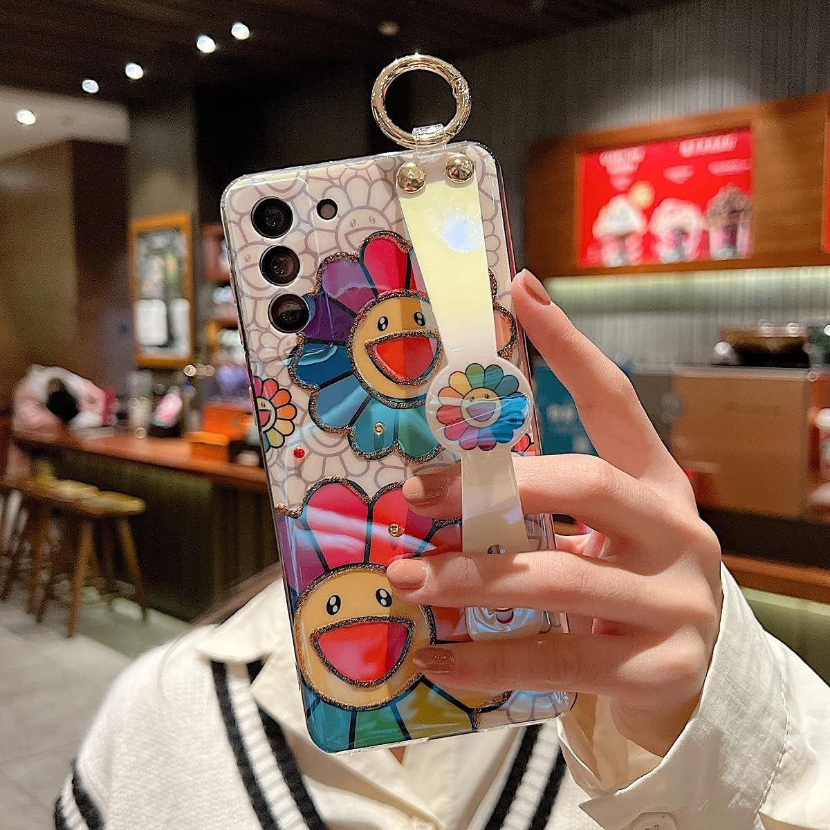 For Samsung Galaxy S22 plus Case Cute with Wrist Strap Kickstand Case 6.6" 5G Glitter Bling Cartoon IMD Soft TPU Shockproof Protective Phone Cases Cover for Girls and Women - Sunflower