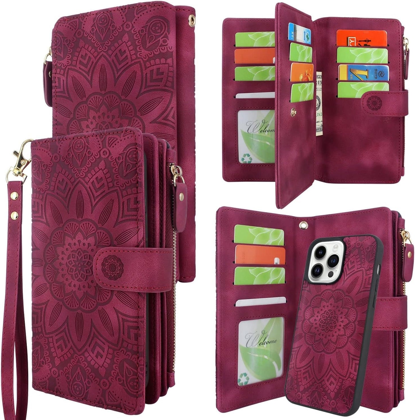 Harryshell Compatible with Iphone 14 Pro 6.1 Inch 5G 2022 Wallet Case Detachable Magnetic Cover Zipper Cash Pocket Multi Card Slots Holder Wrist Strap Lanyard (Floral Black)  Harryshell   