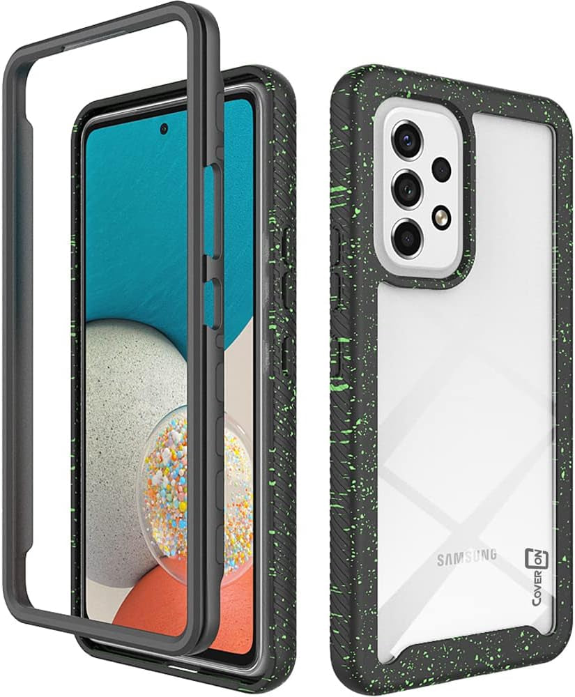 Coveron Full Body Cover Designed for Samsung Galaxy A53 5G Case, Clear Heavy Duty Rugged Anti-Slip Guard - Black (Spotted Green)