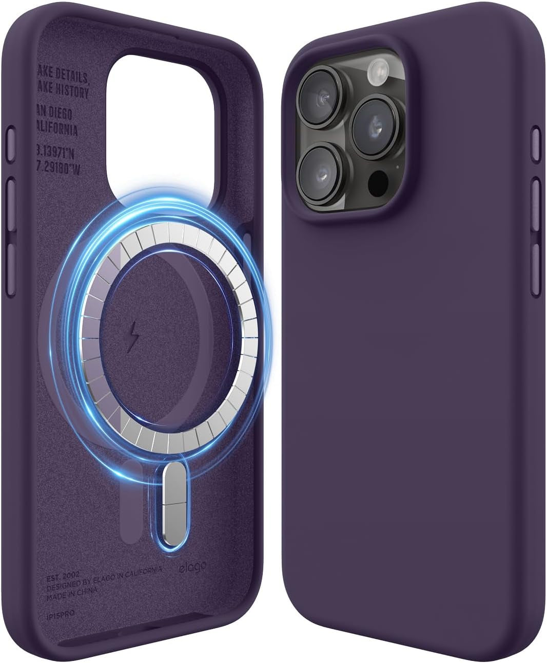 Elago Magnetic Silicone Case Compatible with Iphone 15 Pro Case 6.1 Inch Compatible with All Magsafe Accessories - Built-In Magnets, Soft Grip Silicone, Shockproof (Brown)  elago Deep Purple Iphone 15 Pro 