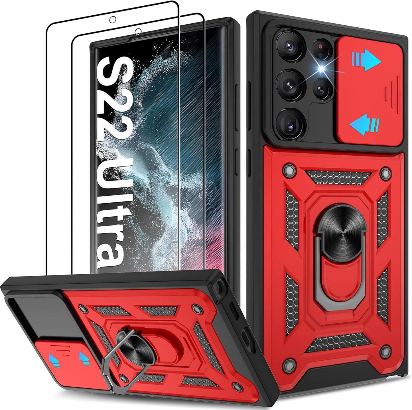 ATUMP for Samsung Galaxy S22 Ultra Case with (2 Pcs) HD Screen Protector, Heavy Duty Shockproof with 360° Rotation Metal Kickstand [Military Grade] Protective Case for S22 Ultra, Blue