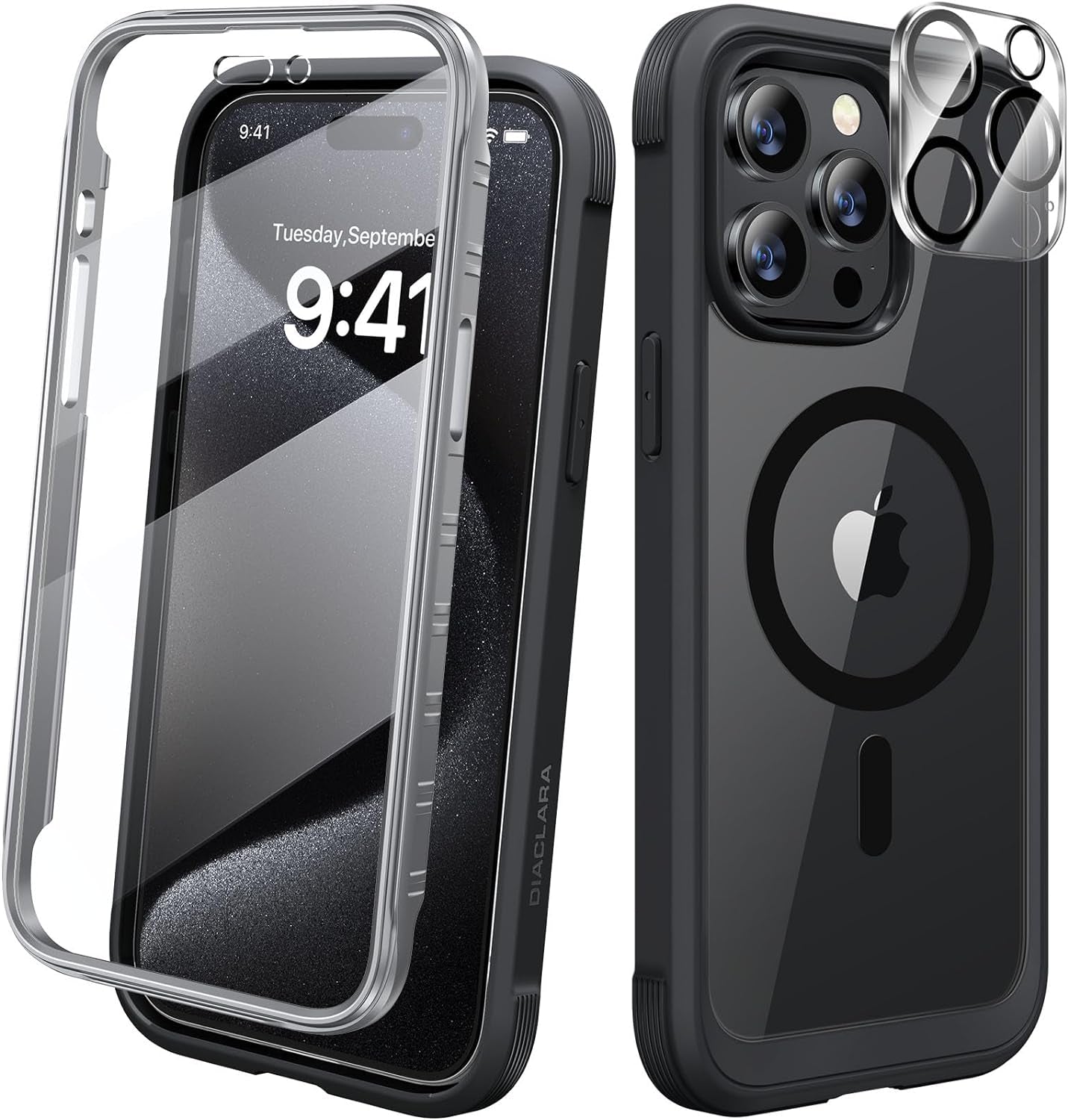 Diaclara Designed for Iphone 15 Pro Case, Full Body Rugged Case with Built-In Touch Sensitive Anti-Scratch Screen Protector, with Camera Lens Protector for Iphone 15 Pro 6.1",Frosted Clear  Diaclara Magnetic Black Iphone 15 Pro Max 