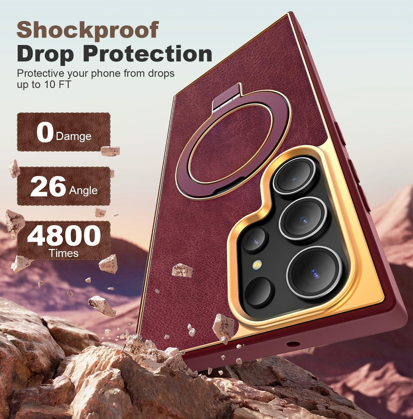 Designed for Samsung Galaxy S22 plus Case with Magnetic O-Ring Stand Leather Luxury Business Phone Cases for S22 plus 6.6" Compatible with Magsafe [Military Grade Protection],Red