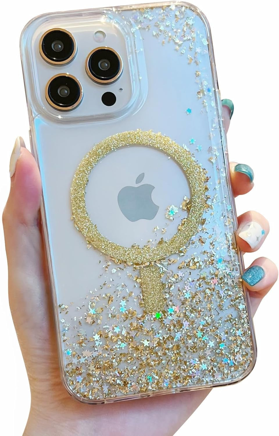 ASONCE Cute Glitter for Iphone 14 Pro Max Case [Compatible with Magsafe] Magnetic Cover with Bling Star for Women Girls [12FT Drop Protection] - Sparkly Gold  Hiwuton   