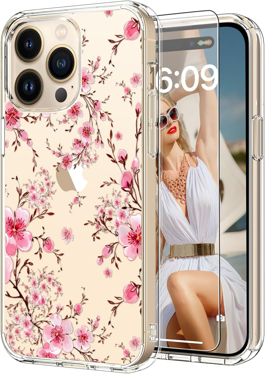 ICEDIO for Iphone 15 Pro Case with Screen Protector-Clear with Fashionable Trendy Patterns-Designed for Girls Women-Slim Fit Cover-Protective Phone Case 6.1" Cute Blooming Pink Floral  ICEDIO Peach Blossom  