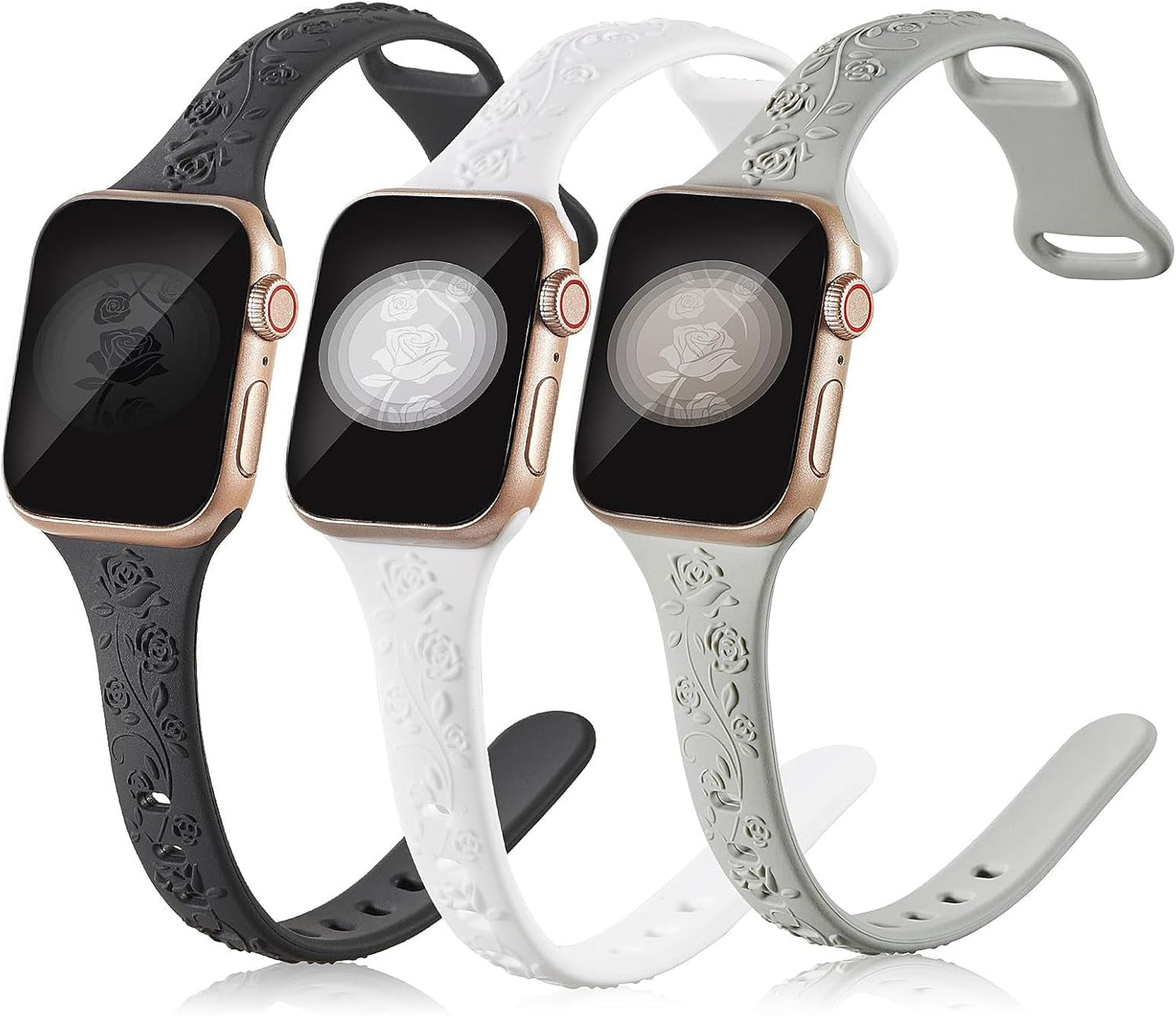 3 Pack Slim Floral Engraved Compatible with Apple Watch Bands 41/40/38/42/44/45/49Mm Women, Thin Narrow Soft Silicone Rose Embossed Sport Strap for Iwatch Series 9/8/7/6/5/4/SE/3/2/1 Ultra 2