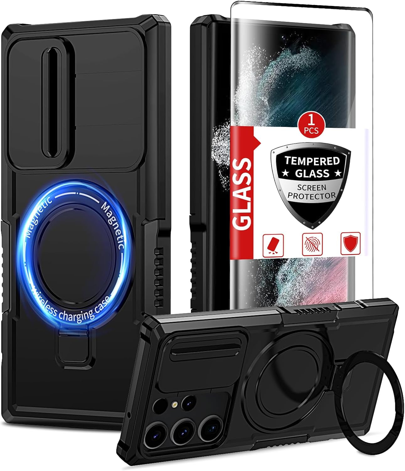 For Magnetic Samsung Galaxy S22 Ultra Case Compatible with Magsafe Galaxy S22 Ultra Case with Screen Protector,With Magnetic Stand&Camera Cover Protection Shockproof Galaxy S22Ultra Case Black