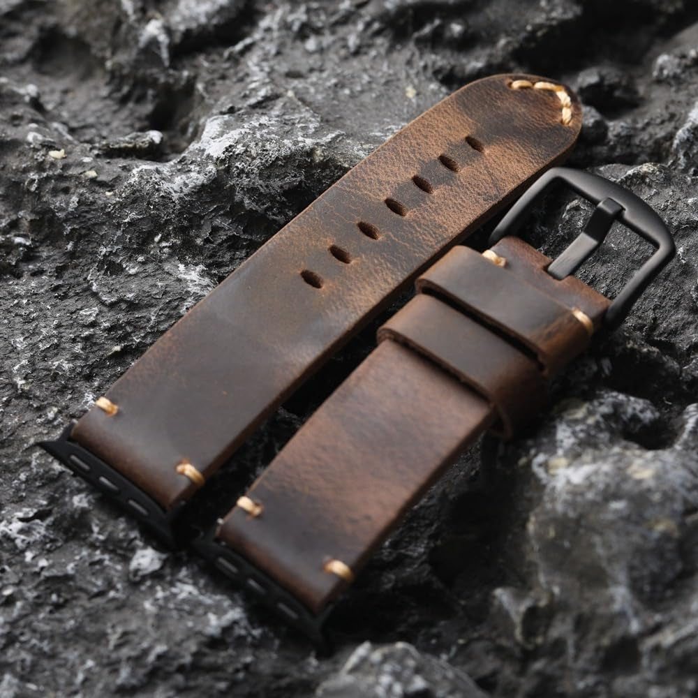 Band Compatible with Apple Watch Ultra 2/1 49Mm 45Mm 44Mm 42Mm 41Mm 40Mm 38Mm Series 9/8/SE/7/6/5/4/3/2, Vintage Leather Iwatch Strap for Men Women
