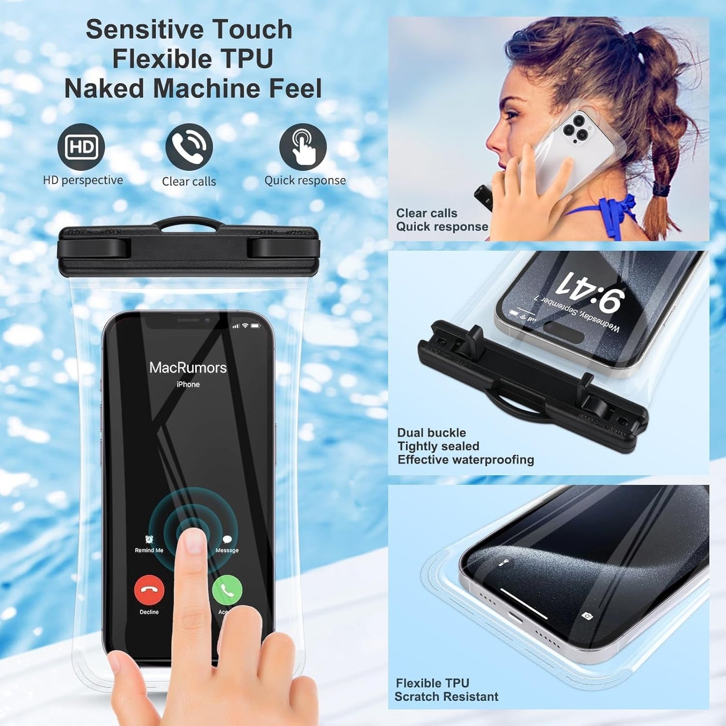 2 Pack Waterproof Phone Pouch, Waterproof Phone Case for Iphone 15 Pro Max Plus, Galaxy S24 S23 S22, Pixel 8A 7A up to 7.2", Underwater Dry Bag Beach Vacation, Black & Black