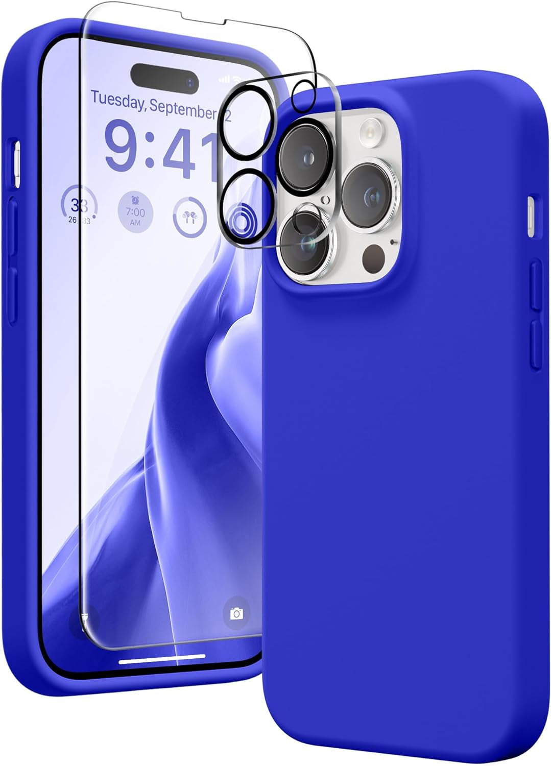 GONEZ for Iphone 14 Pro Case, with 2 Pack Screen Protector + 2 Pack Camera Lens Protector, Soft Anti-Scratch Microfiber Lining, Shockproof Protective Liquid Silicone Phone Cover 6.1'', Blue  GONEZ   