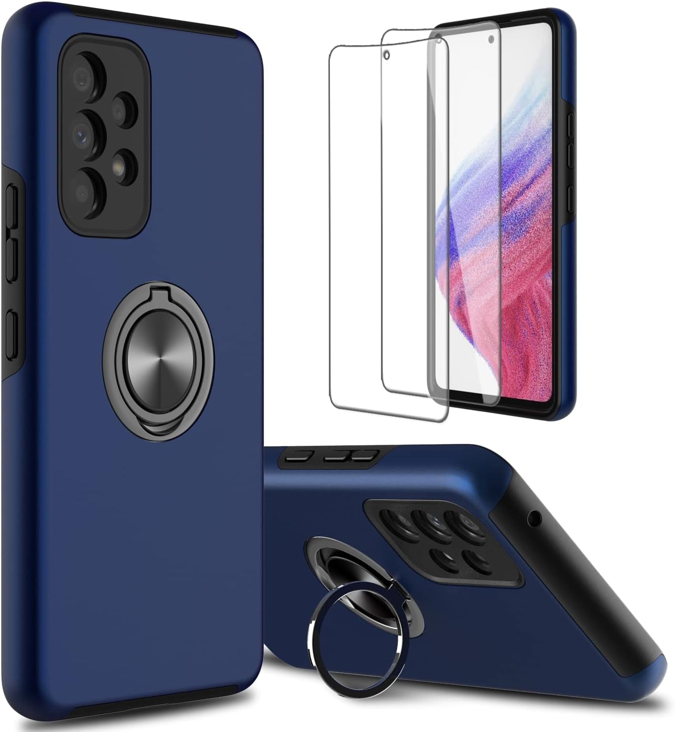 For Samsung Galaxy A53 5G Phone Case with TPU Screen Protector, Ring Holder Kickstand Drop Proof Protective Slim Hard Dual Layer Stand Non-Slip Tough Cover Cell Phone Case (Green)