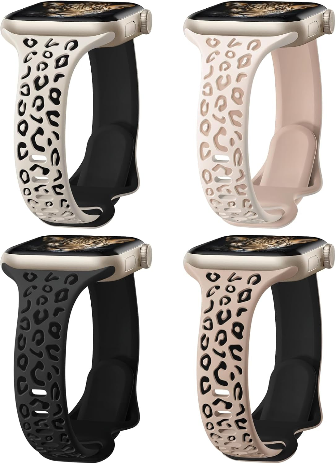 4 Pack Slim Leopard Engraved Bands Compatible for Apple Watch Bands 41Mm 40Mm 38Mm 45Mm 44Mm 42Mm 49Mm Women, Thin Soft Silicone Cheetah Sport Strap for Iwatch Bands Series 9 8 7 6 5 4 3 2 1 Ultra SE