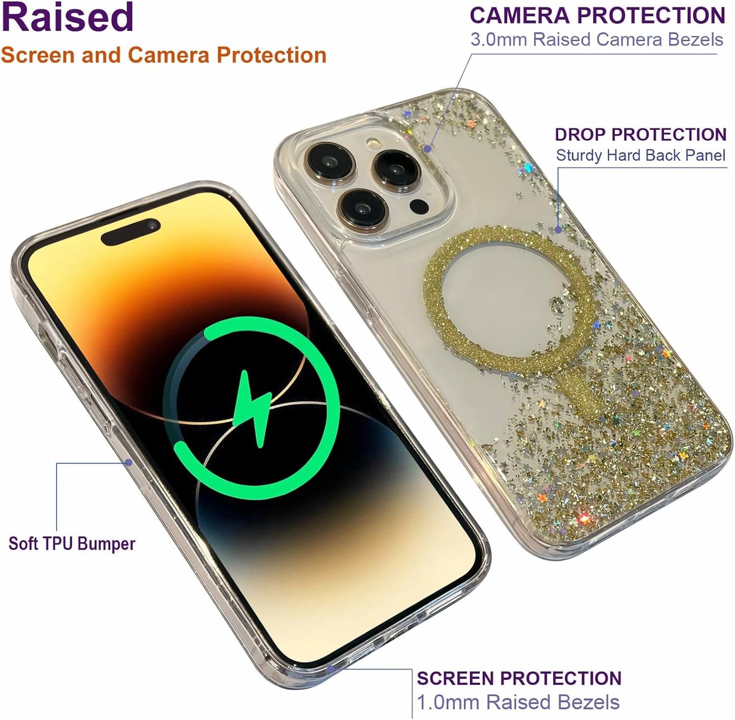 ASONCE Cute Glitter for Iphone 14 Pro Max Case [Compatible with Magsafe] Magnetic Cover with Bling Star for Women Girls [12FT Drop Protection] - Sparkly Gold  Hiwuton   