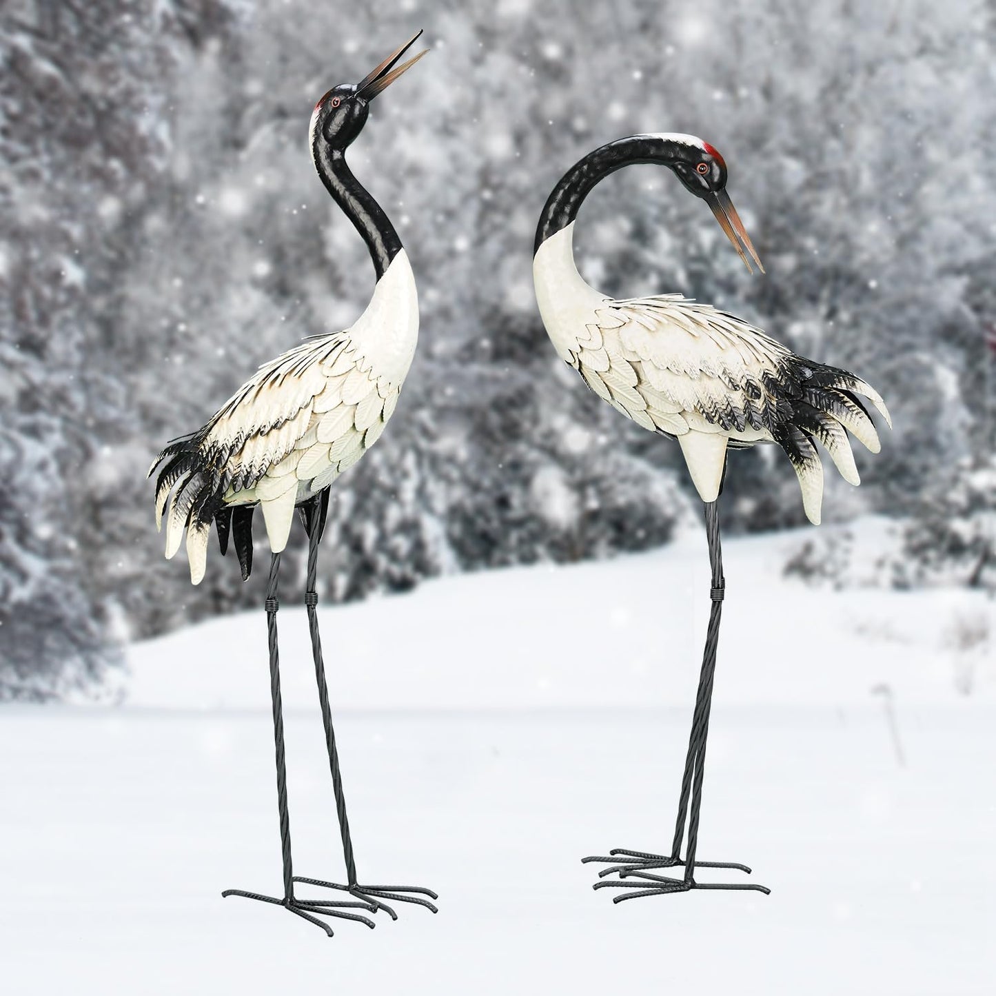 Chisheen Garden Crane Statues Outdoor Heron Red Crowned Crane Metal Yard Art Sculpture,Set of 2  Chisheen   