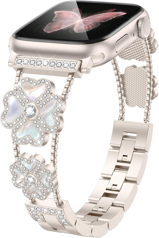 Diamond Metal Band Compatible with Apple Watch Bands Women 38Mm 40Mm 41Mm 42Mm 44Mm 45Mm 49Mm, Fashion Four Leaf Clover Jewelry Bracelets Straps for Iwatch SE Series 9 8 7 6 5 4 3 2 1 Ultra