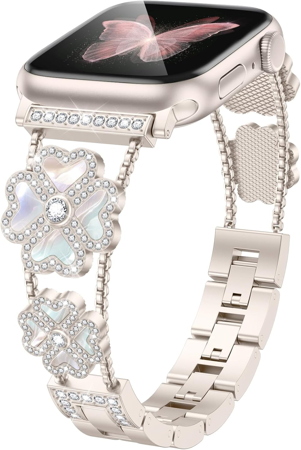 Diamond Metal Band Compatible with Apple Watch Bands Women 38Mm 40Mm 41Mm 42Mm 44Mm 45Mm 49Mm, Fashion Four Leaf Clover Jewelry Bracelets Straps for Iwatch SE Series 9 8 7 6 5 4 3 2 1 Ultra