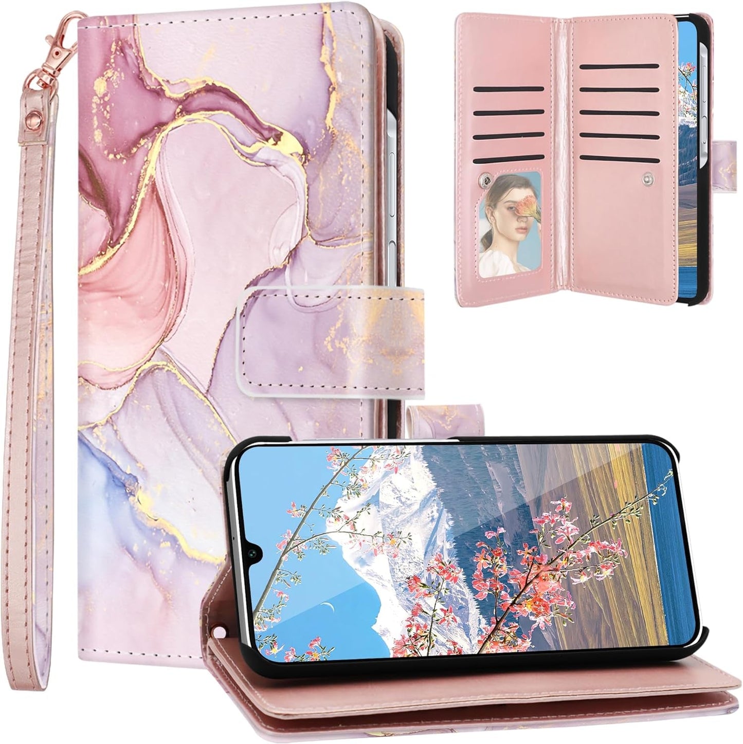 Fingic Compatible with Samsung Galaxy A53 Case Wallet, Rose Gold Marble 9 Card Holder PU Leather Detachable Wrist Strap Wallet Case for Women Cover for Samsung Galaxy A53 5G, Rose Gold