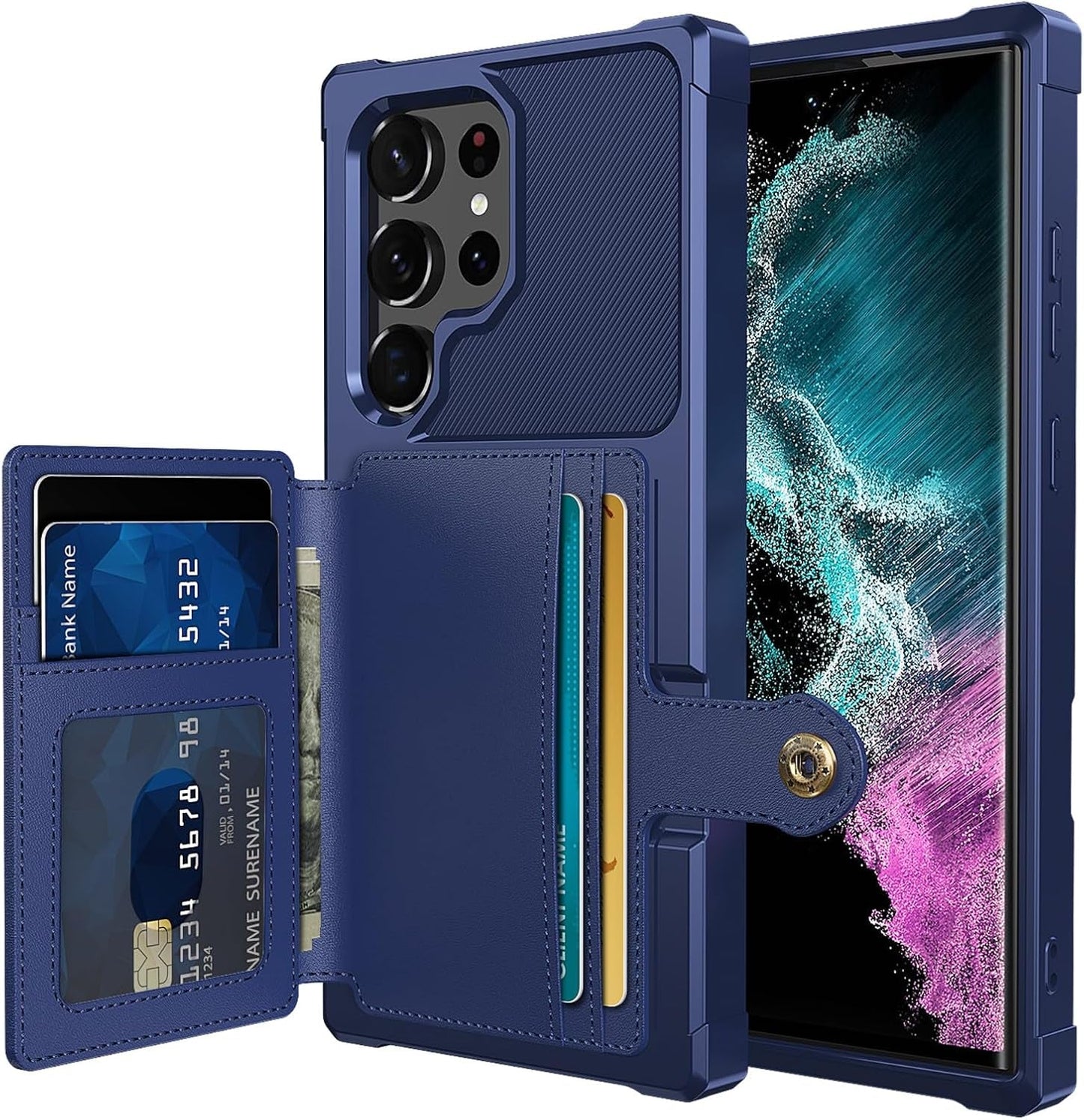 For Samsung Galaxy S22 Ultra Case with Card Holder, Compatible with Magnetic Car Mount, Heavy Duty Shockproof Rugged Soft TPU Back Leather Flip Wallet Cover 6.8 Inch, Red