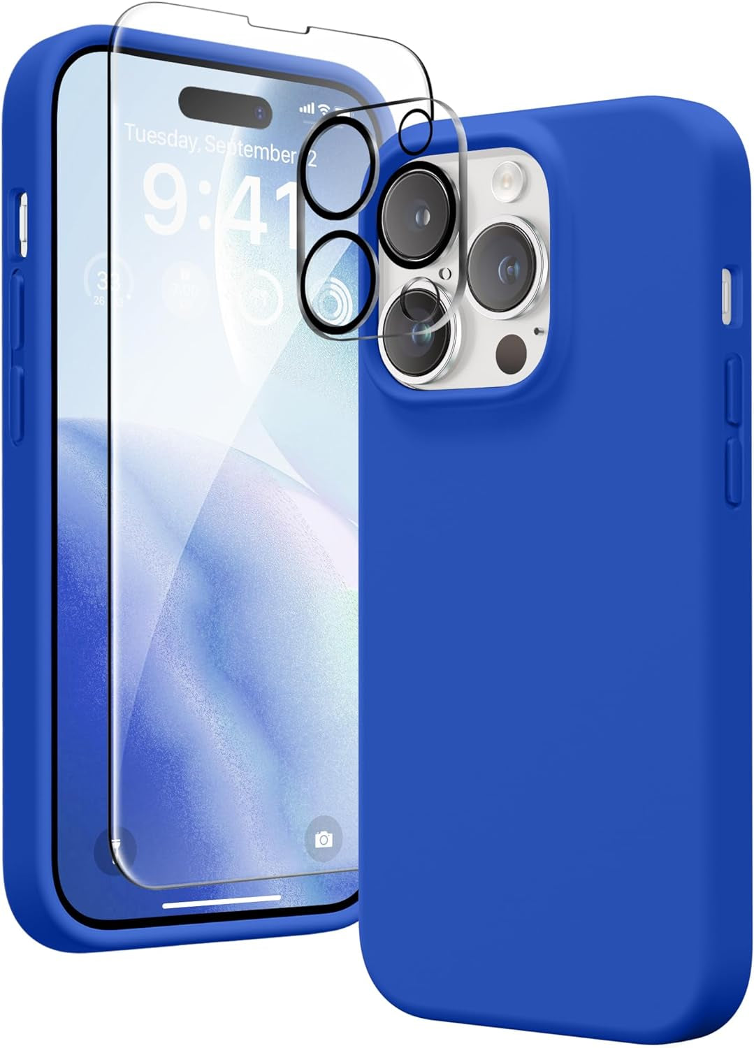 GONEZ for Iphone 14 Pro Case, with 2 Pack Screen Protector + 2 Pack Camera Lens Protector, Soft Anti-Scratch Microfiber Lining, Shockproof Protective Liquid Silicone Phone Cover 6.1'', Blue  GONEZ   